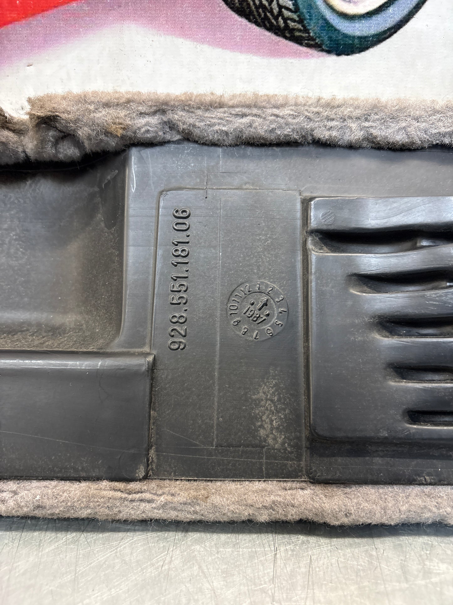 Porsche 928 grey carpeted Tool kit panel cover, used 92855118106
