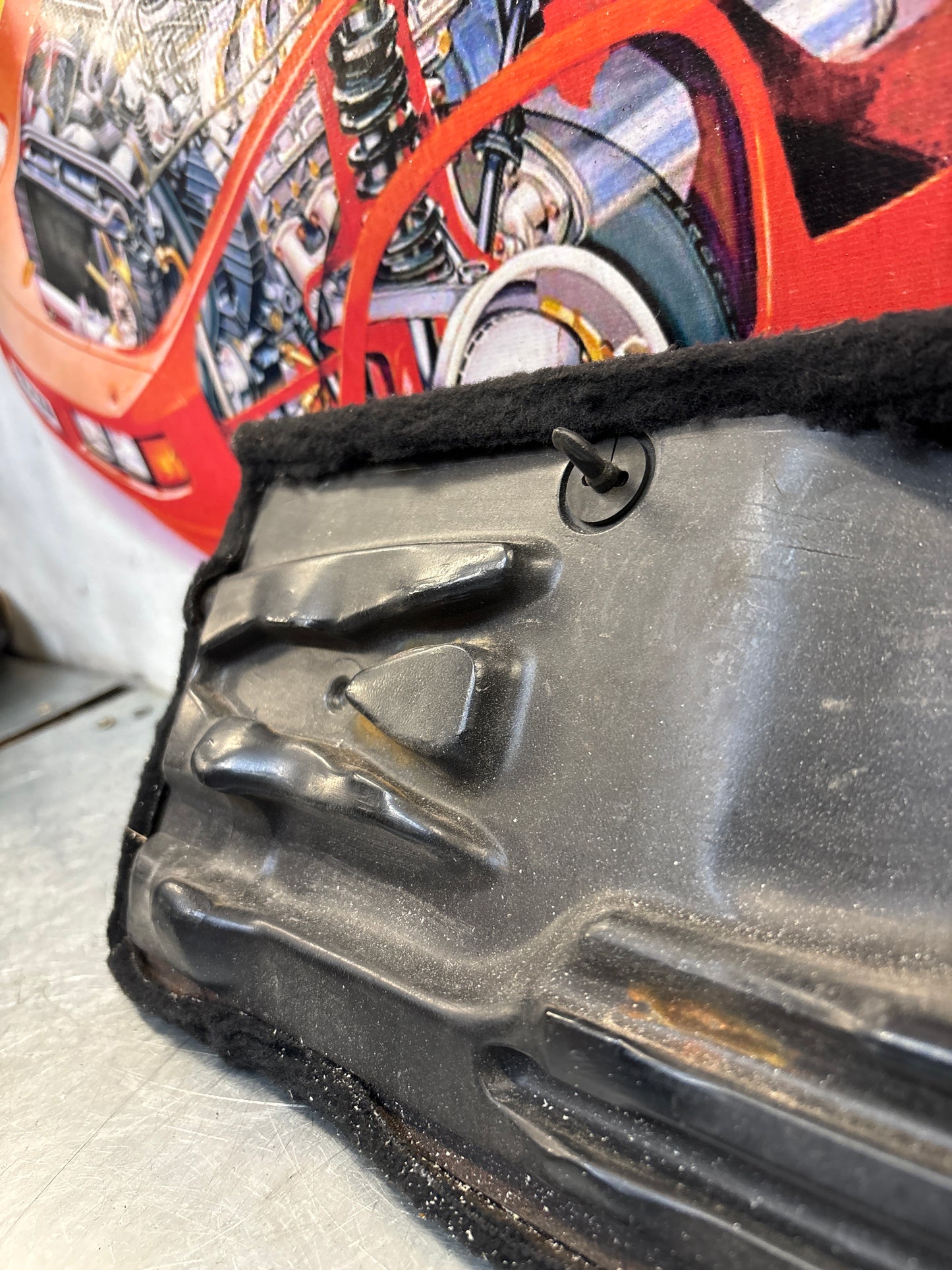 Porsche 928 black carpeted Tool kit panel cover, used 92855118105