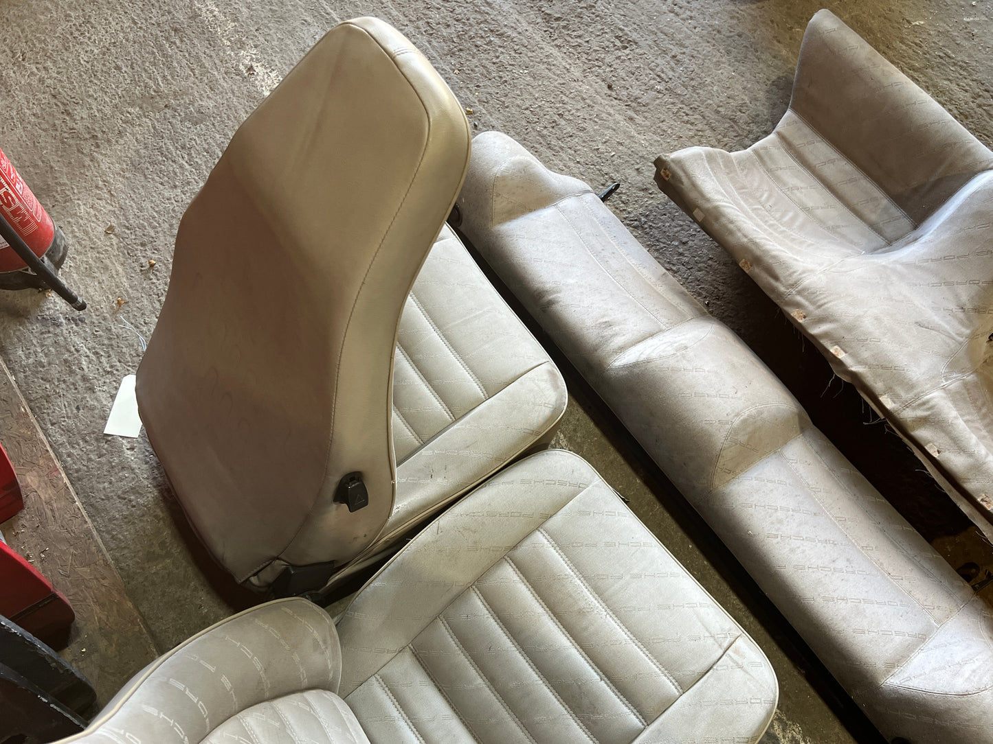 Porsche 924 944 early manual champagne seat set, front seats with Porsche scripted fabric