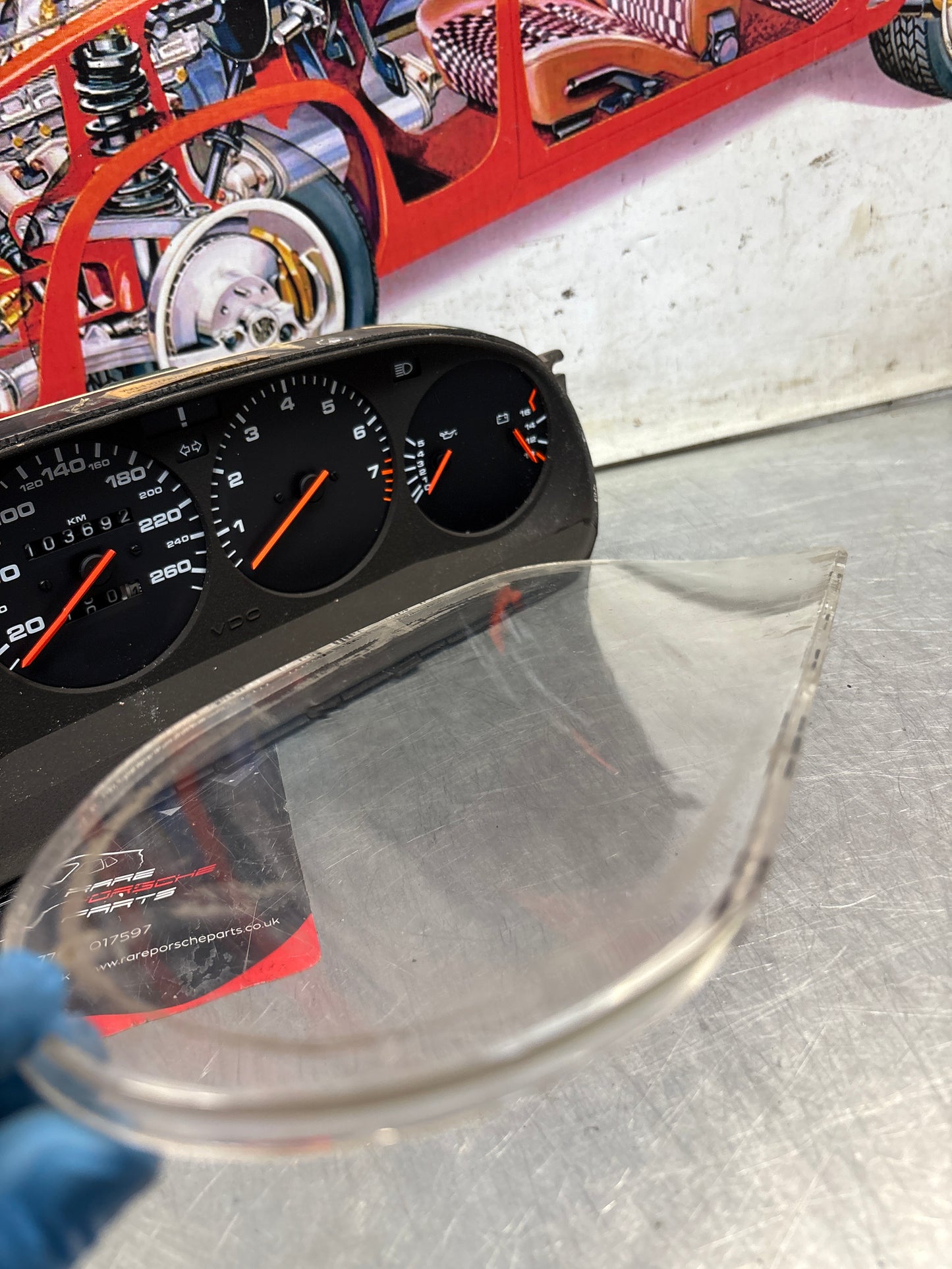 Porsche 944 dash clock binnacle pod speedometer, showing 103692 Km, used 94464131112