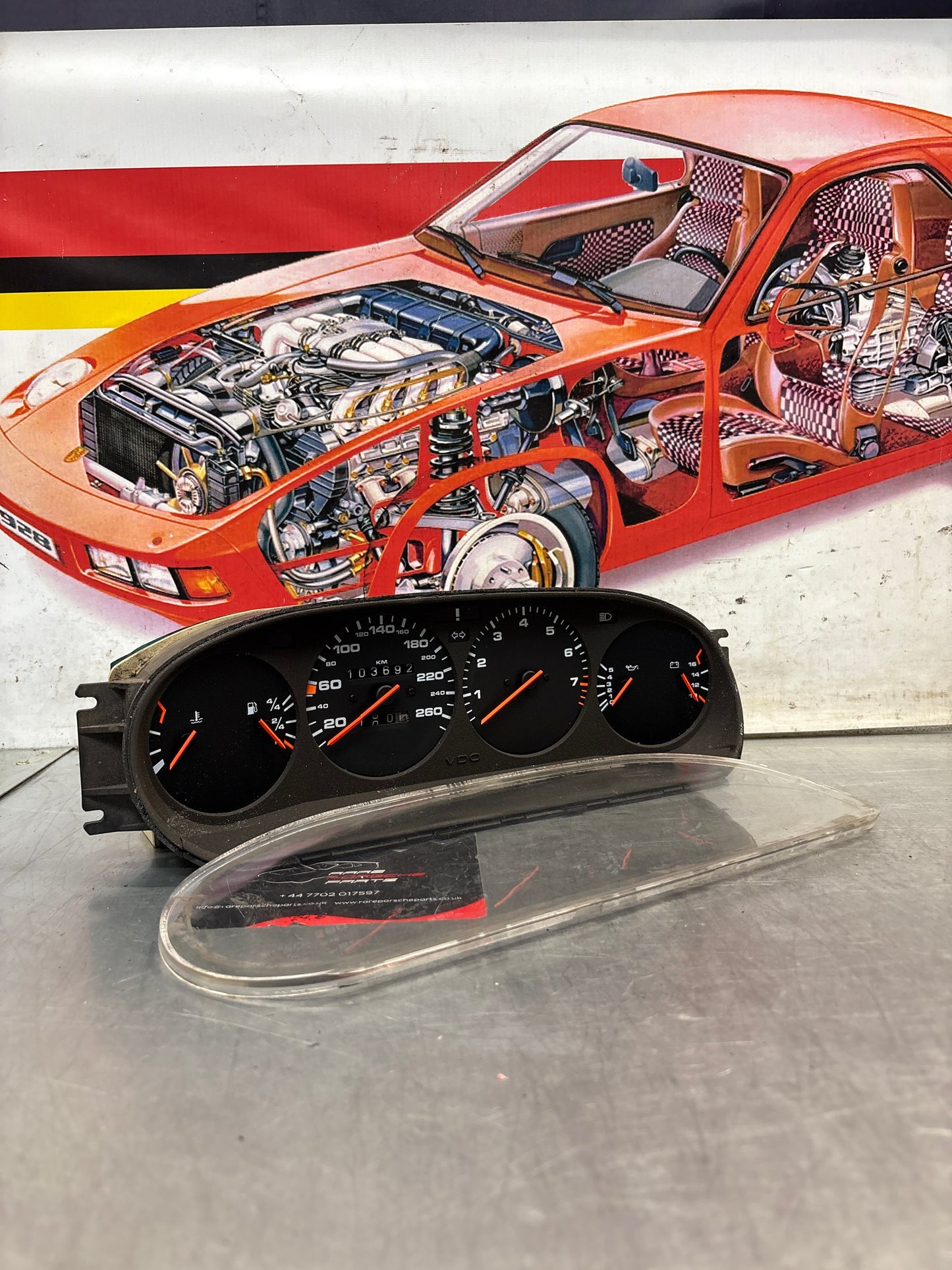 Porsche 944 dash clock binnacle pod speedometer, showing 103692 Km, used 94464131112