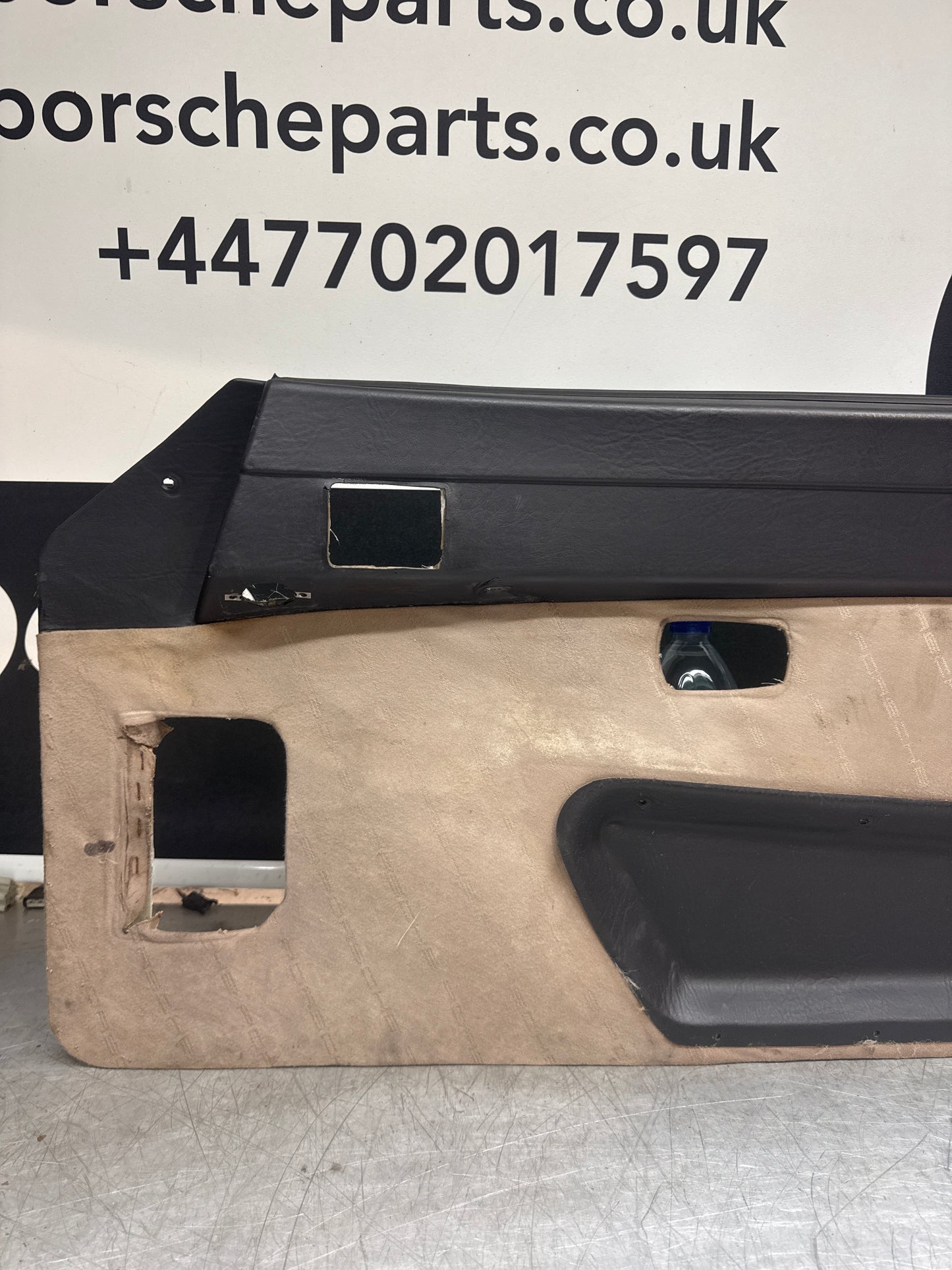 Porsche 924 / Early 944 Black Porsche script door cards. Right Hand Drive, Used. 478867011. Fibreglass repaired