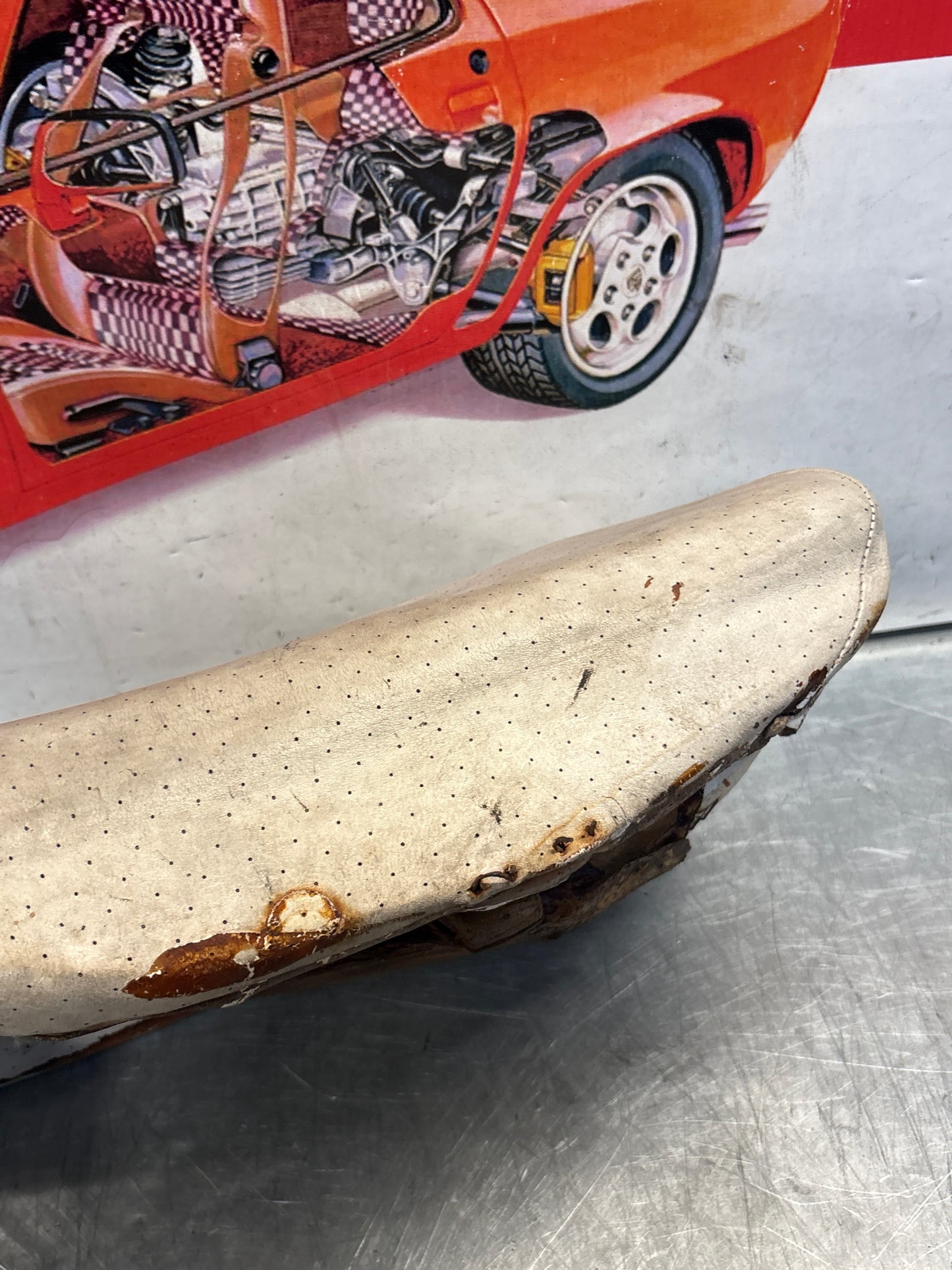 Porsche 928 rear left seat cushion, white, leather, used 92852205951