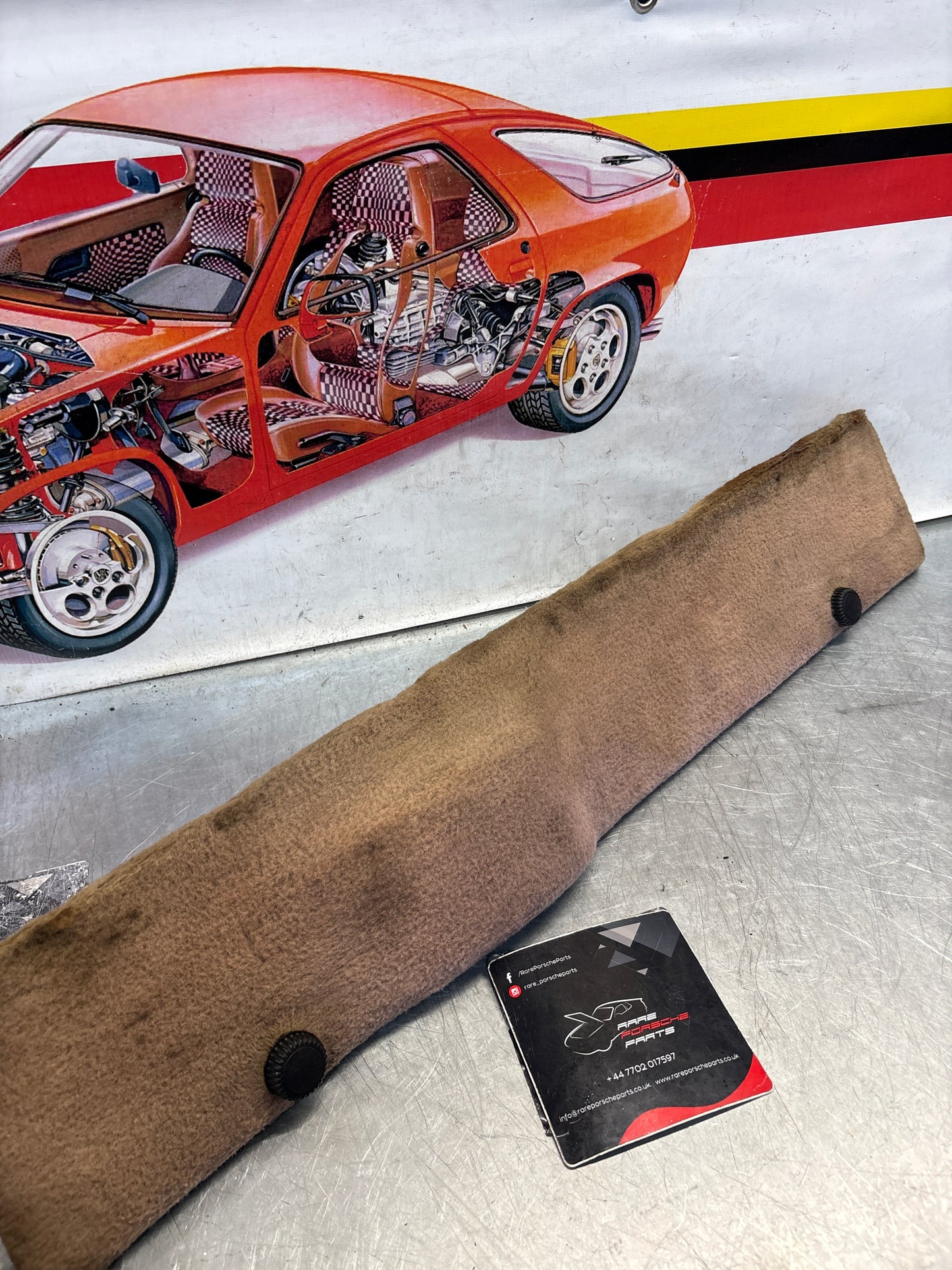 Porsche 928 greyish-beige carpeted Tool kit panel cover, used 92855118105