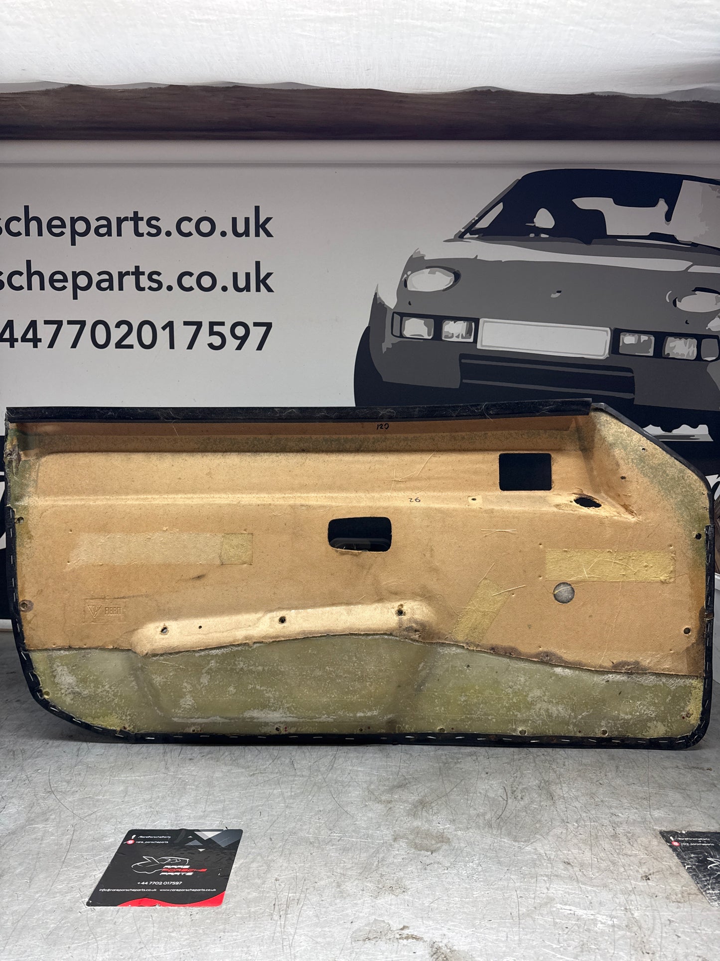 Porsche 924/ Early 944 Black RHD Drivers door card, Porsche Script. Fibreglass repaired. 478867011