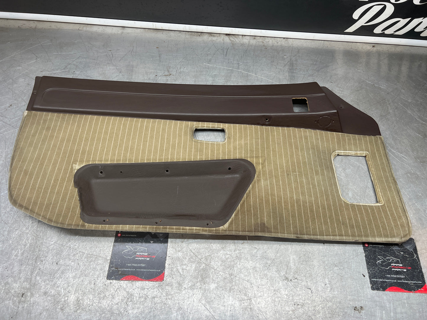 Porsche 924/944 early Porsche brown / white pinstripe door card used condition left side, Rhd, 478867011