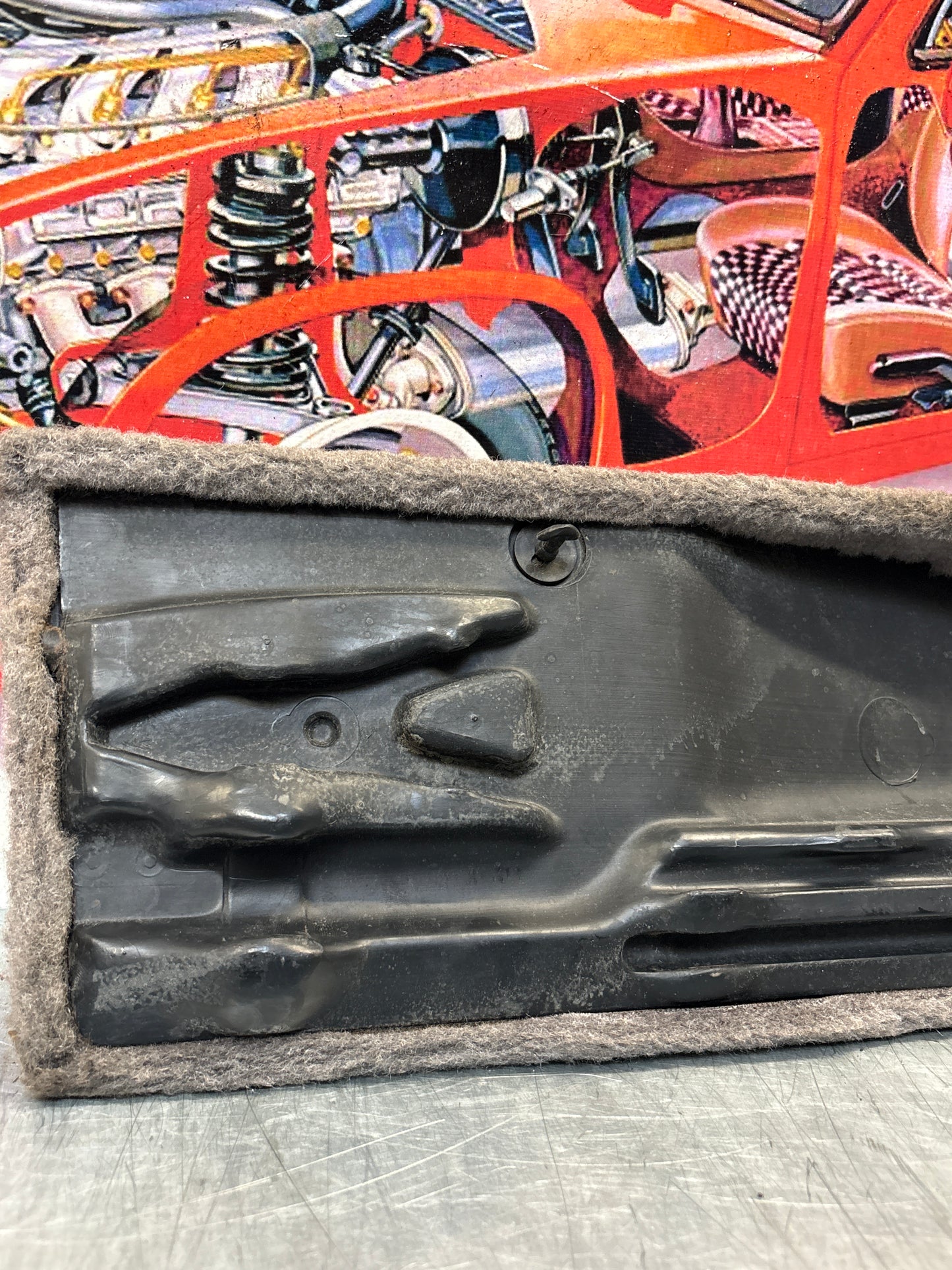 Porsche 928 grey carpeted Tool kit panel cover, used 92855118106