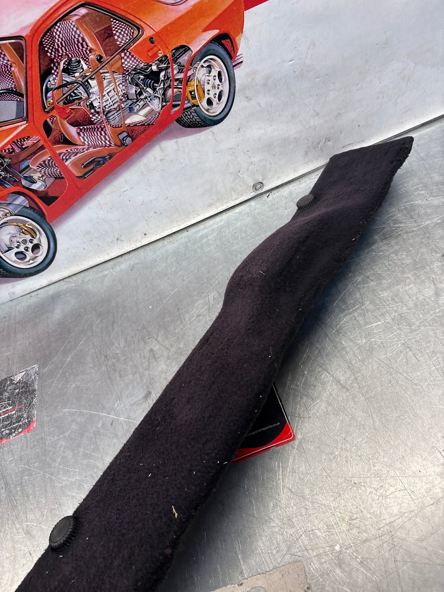 Porsche 928 black carpeted Tool kit panel cover, used 92855118105