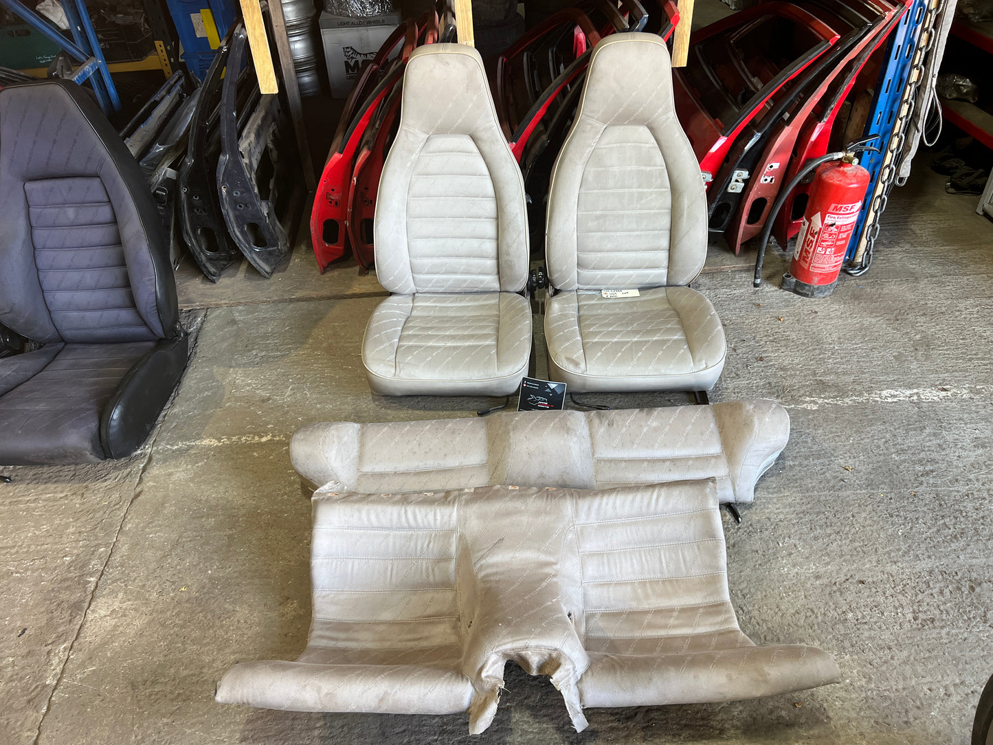 Porsche 924 944 early manual champagne seat set, front seats with Porsche scripted fabric