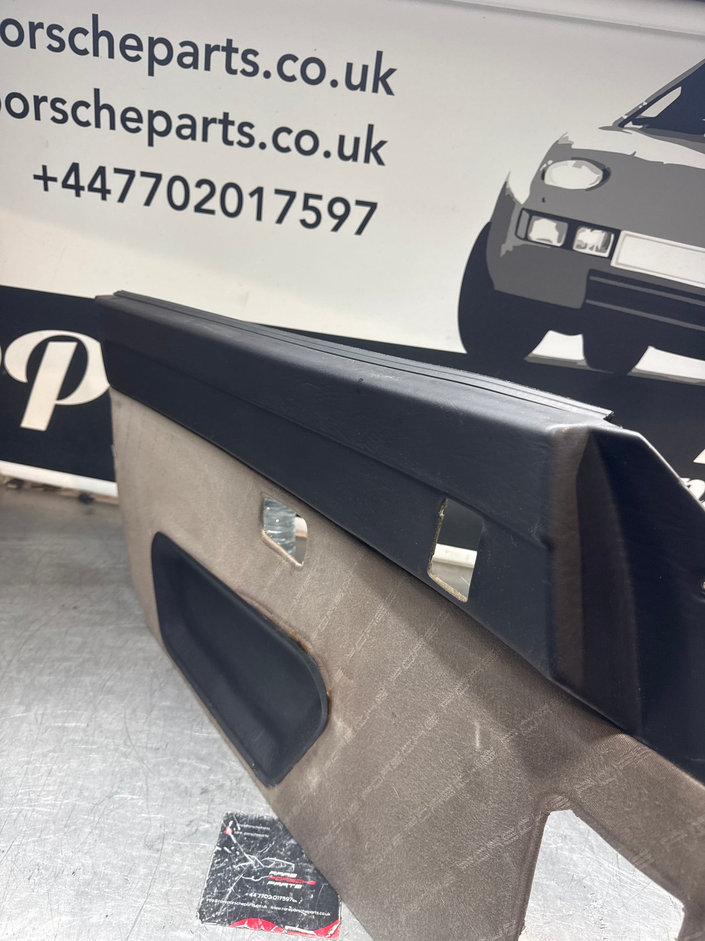 Porsche 924 / Early 944 Black Porsche script door cards. Right Hand Drive, Used. 478867011. Fibreglass repaired