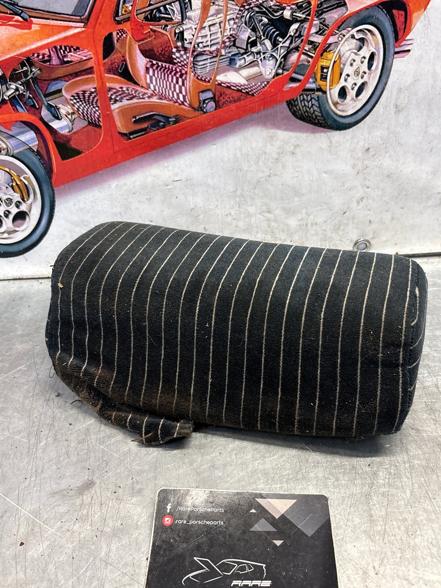 Porsche 928 rear right seat upper cushion, carpeted, black pinstripe, used 92852204650