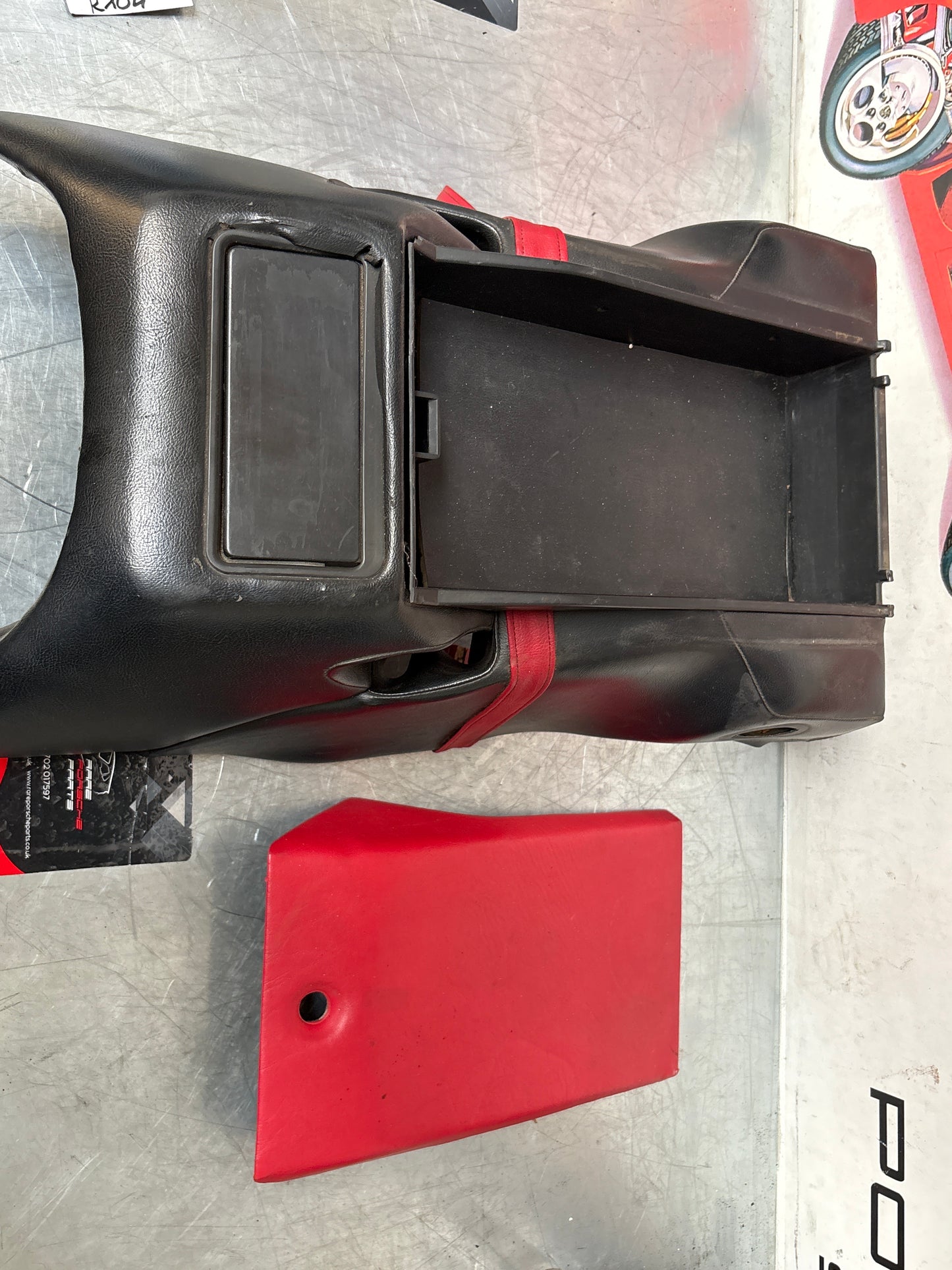 Porsche 928 S center console, rear armrest with ash tray, black and red, no key 92852206757 used