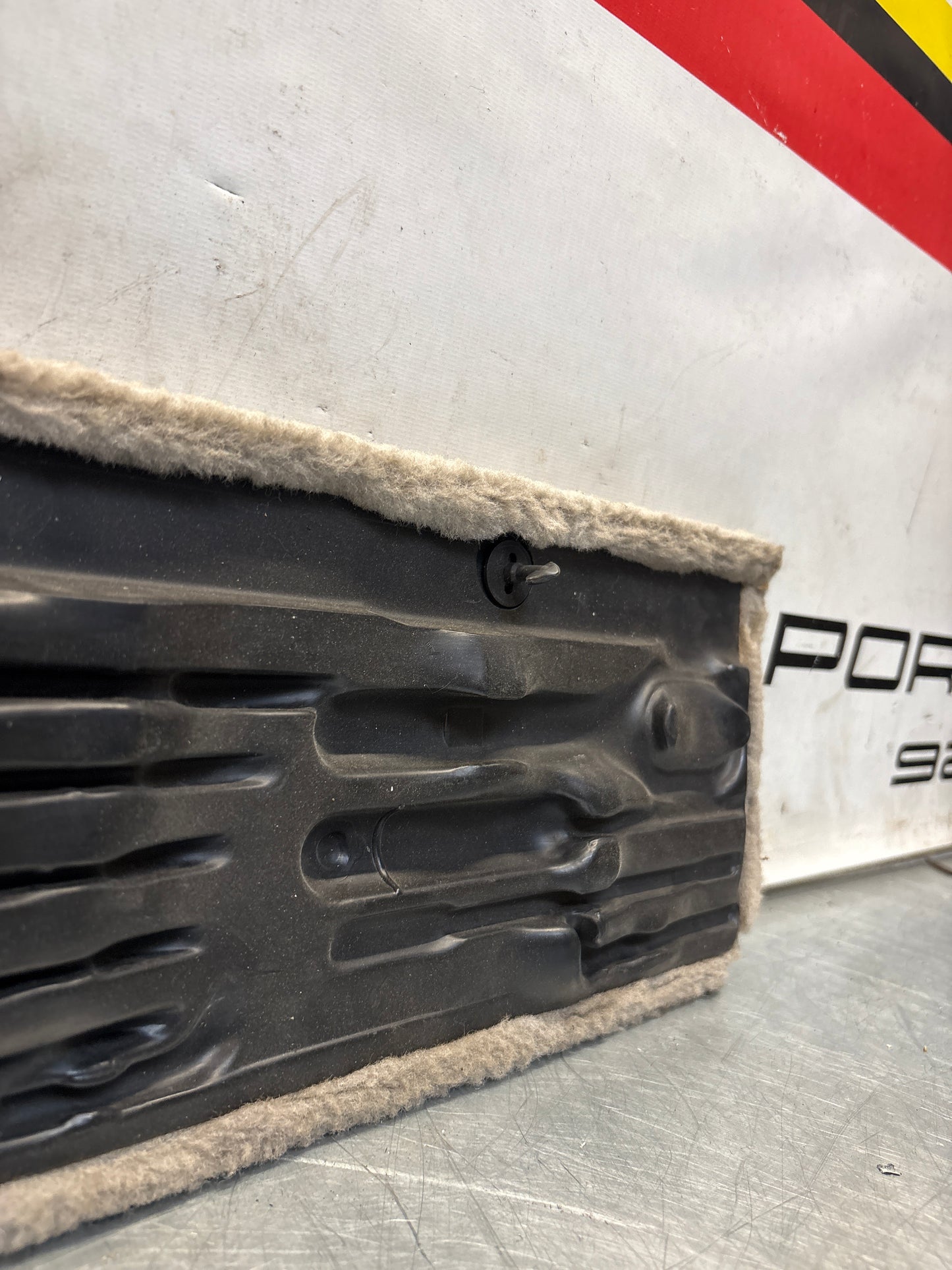 Porsche 928 white carpeted Tool kit panel cover, used 92855118105