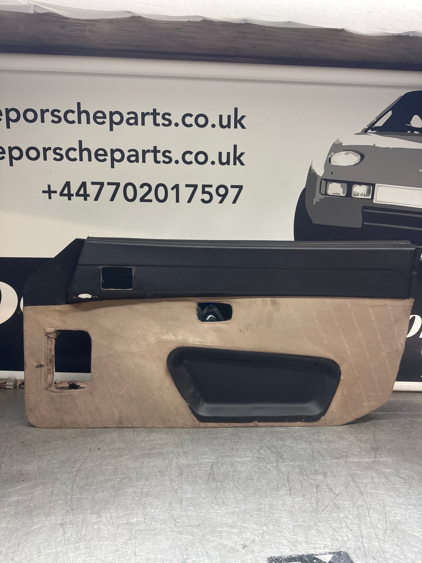 Porsche 924 / Early 944 Black Porsche script door cards. Right Hand Drive, Used. 478867011. Fibreglass repaired