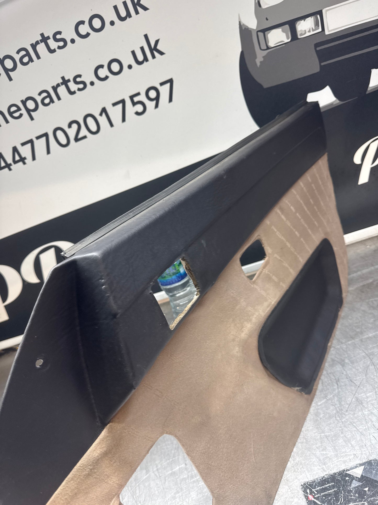 Porsche 924 / Early 944 Black Porsche script door cards. Right Hand Drive, Used. 478867011. Fibreglass repaired