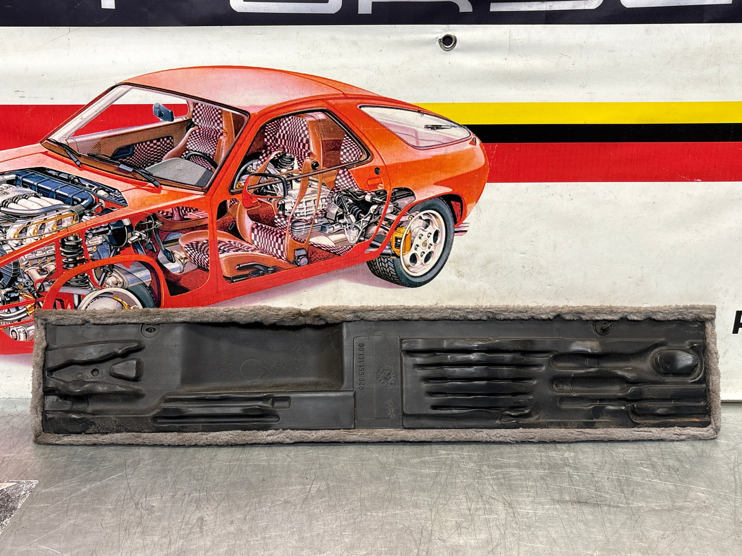 Porsche 928 grey carpeted Tool kit panel cover, used 92855118106