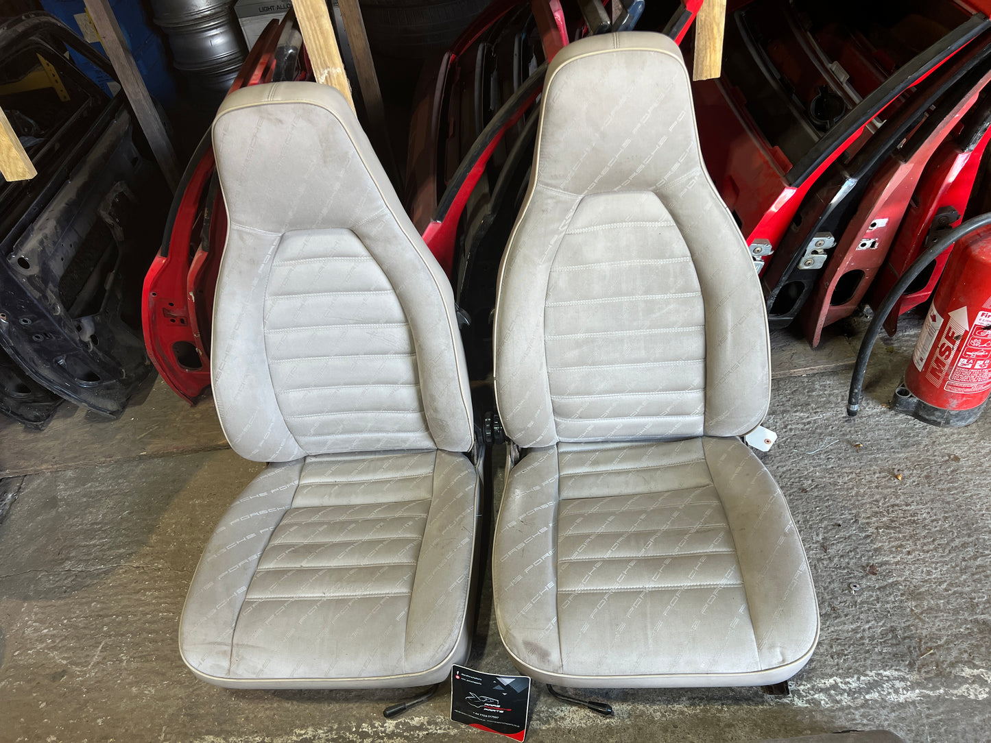Porsche 924 944 early manual champagne seat set, front seats with Porsche scripted fabric