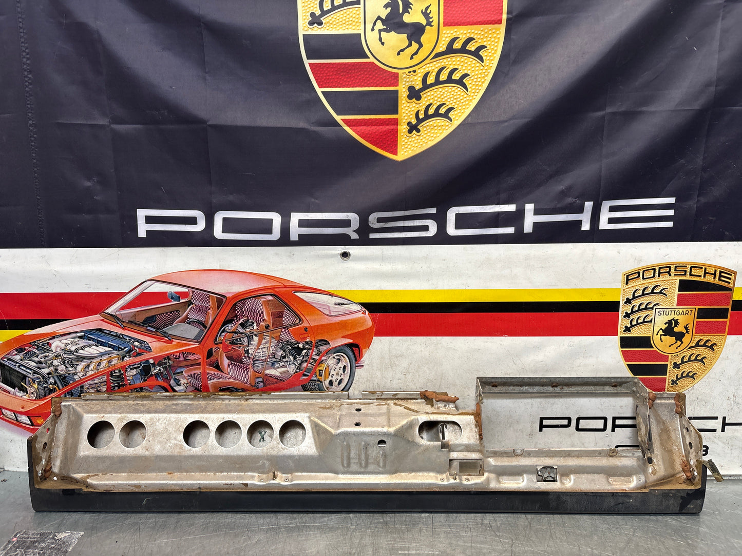 Porsche 911 964 dashboard lower knee protection trim, black leather, used 96455207304 / 96455207300