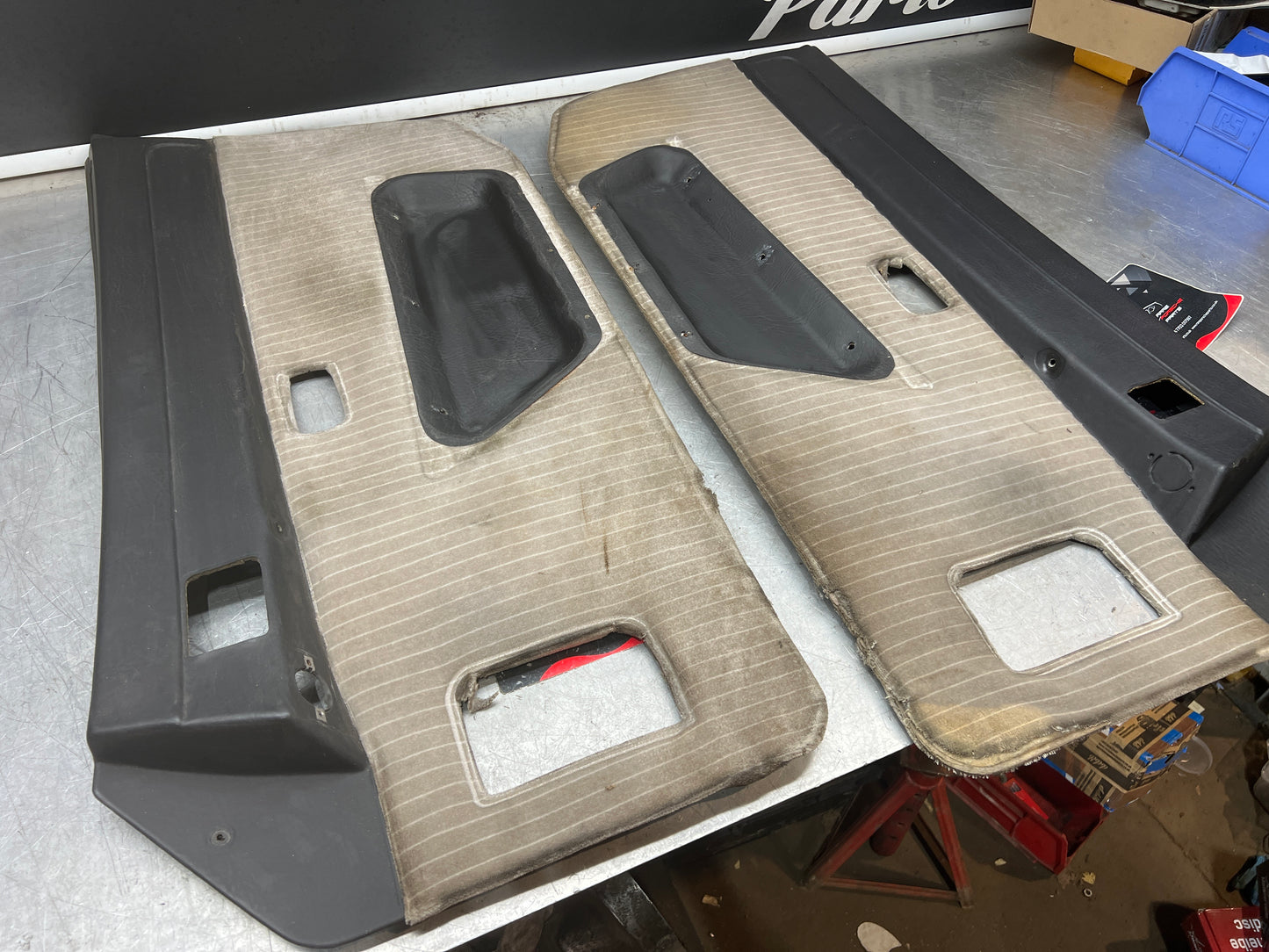 Porsche 924 944 -85.5 pair of Used RHD Porsche pinstripe black / white door cards, 478867011 / 478867012 used
