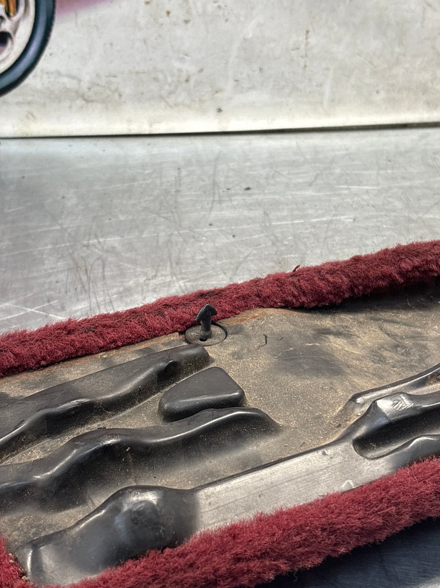 Porsche 928 burgundy carpeted Tool kit panel cover, used 92855118106