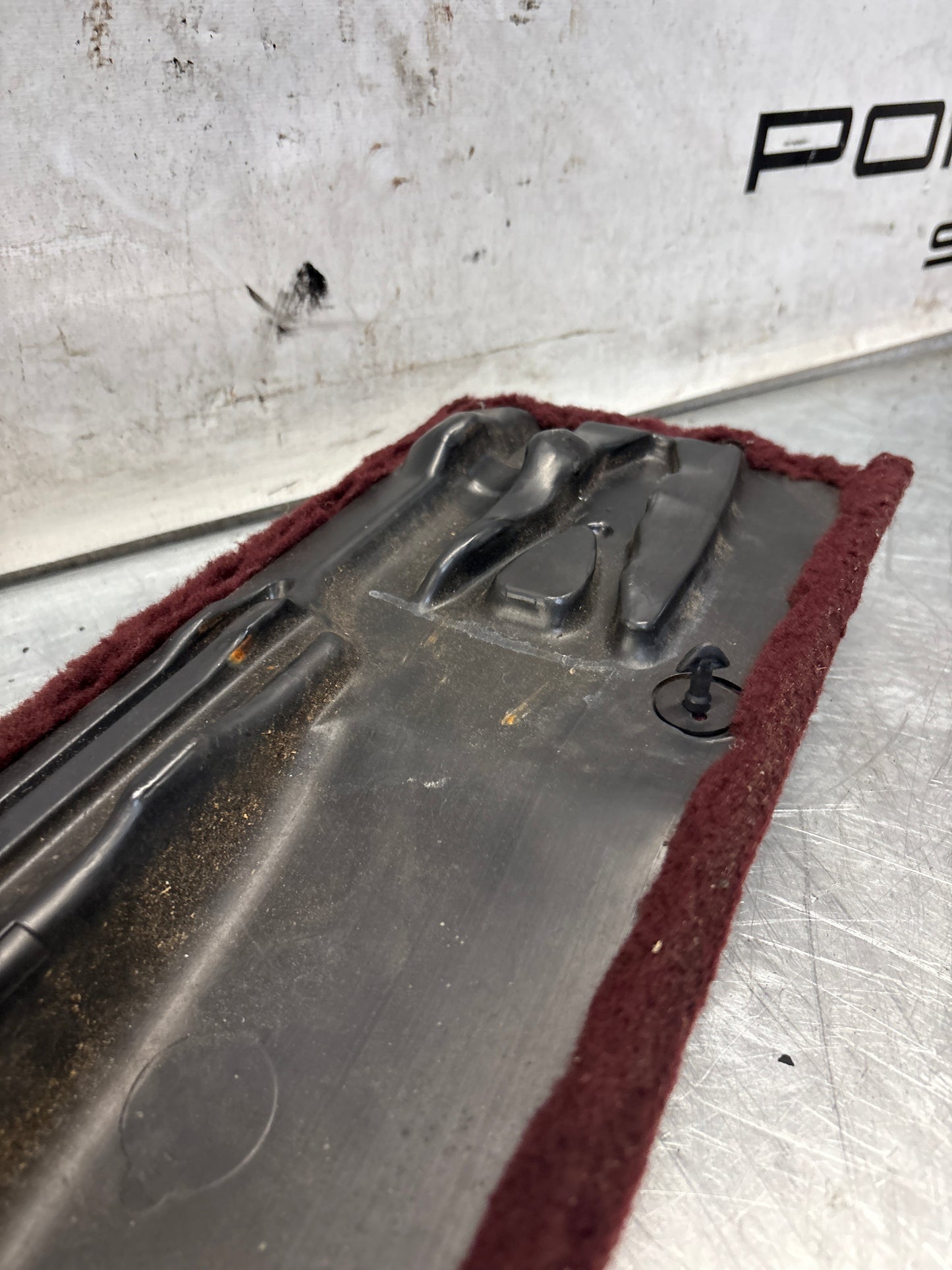 Porsche 928 burgundy carpeted Tool kit panel cover, used 92855118105