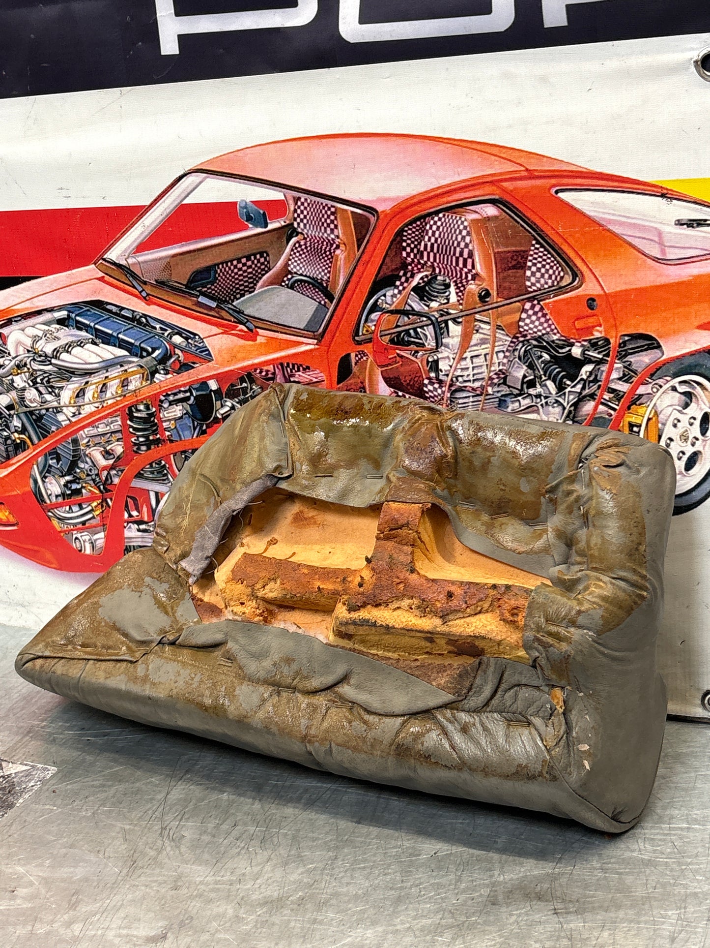 Porsche 928 rear left seat cushion, greyish green, leather, used 92852205951