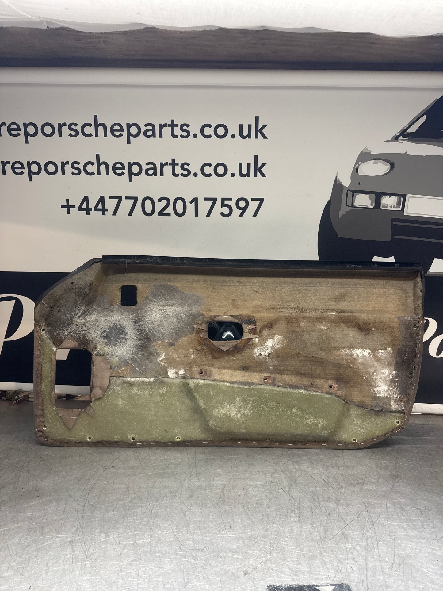 Porsche 924 / Early 944 Black Porsche script door cards. Right Hand Drive, Used. 478867011. Fibreglass repaired
