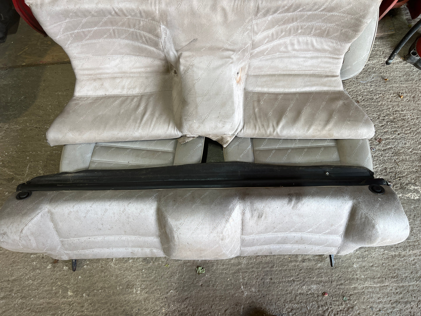 Porsche 924 944 early manual champagne seat set, front seats with Porsche scripted fabric