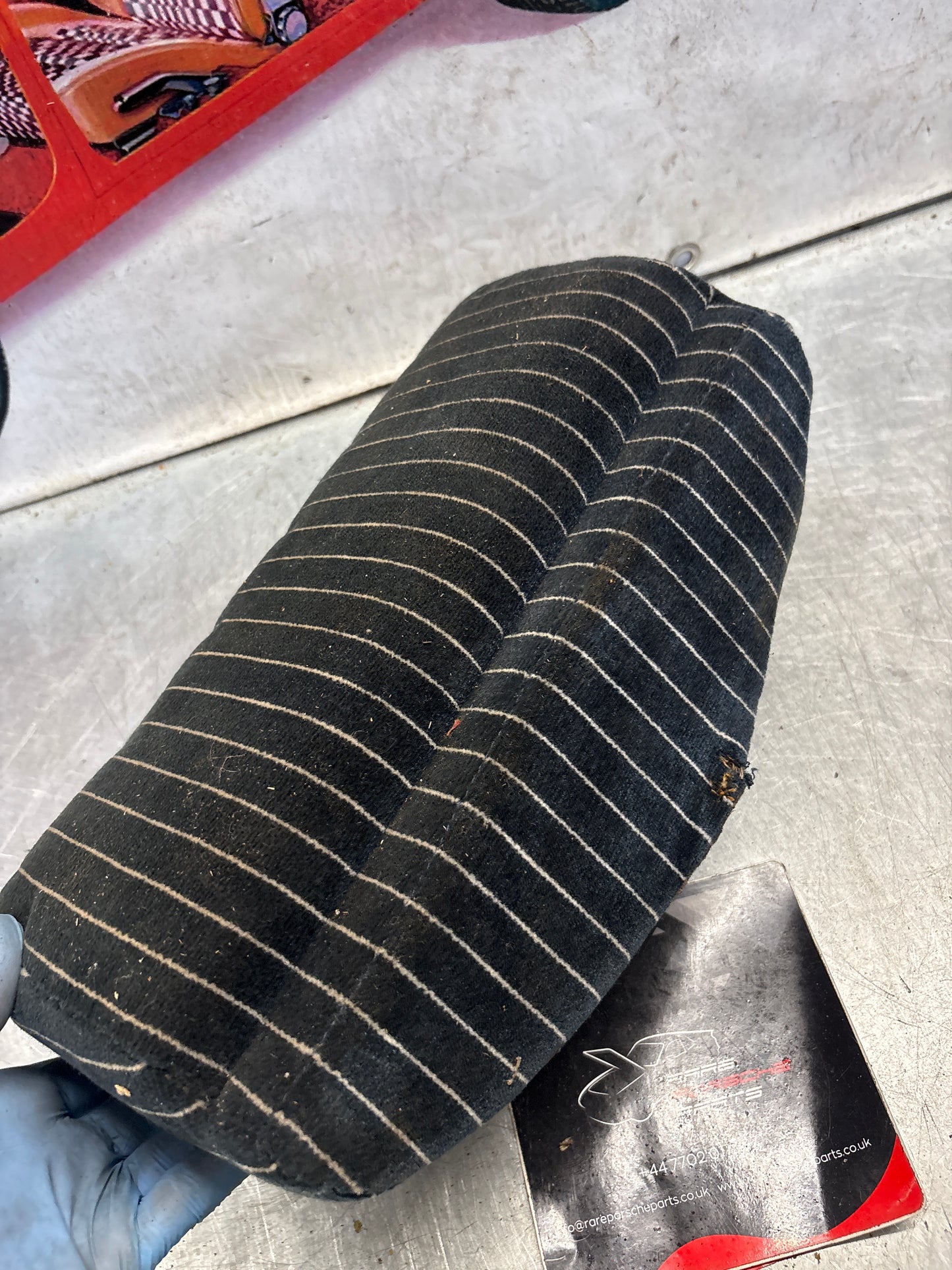 Porsche 928 rear right seat upper cushion, carpeted, black pinstripe, used 92852204650