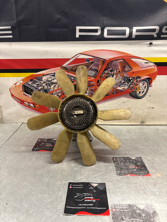 Porsche 928 late engine cooling fan clutch with bracket, used 92810611205 / 92810613701 / 9281061104R