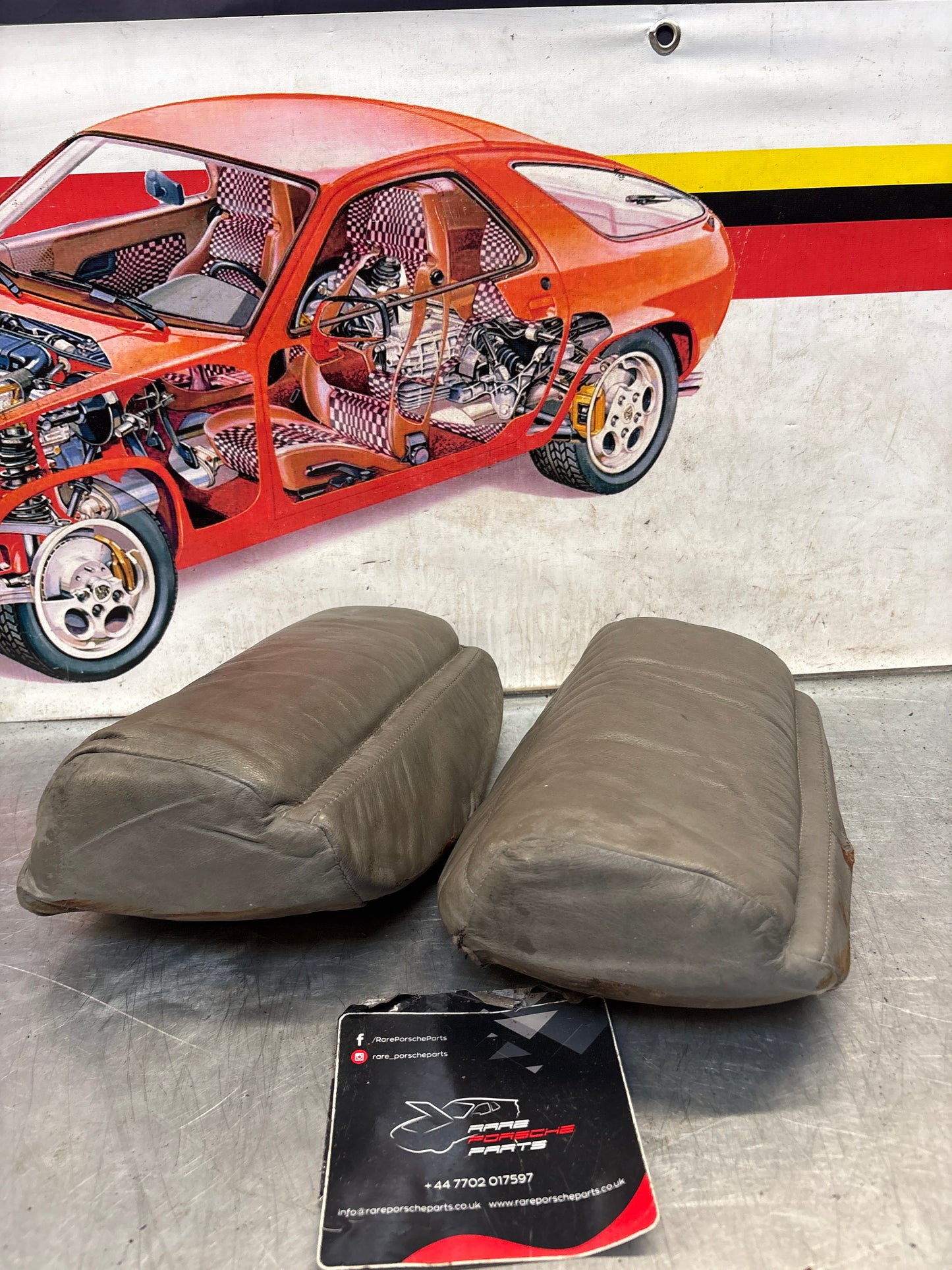 Porsche 928 rear right seat upper and middle cushion, leather, grey, used 92852204650 / 92852208851