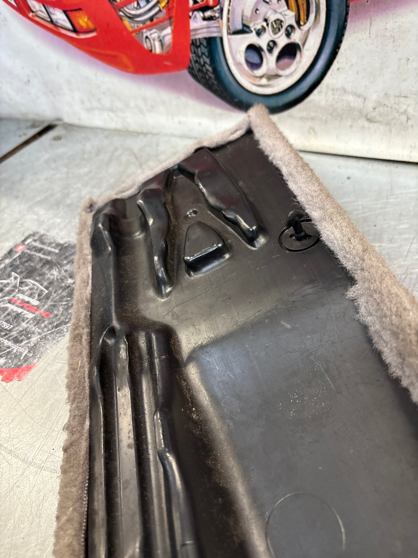 Porsche 928 grey carpeted Tool kit panel cover, used 92855118106