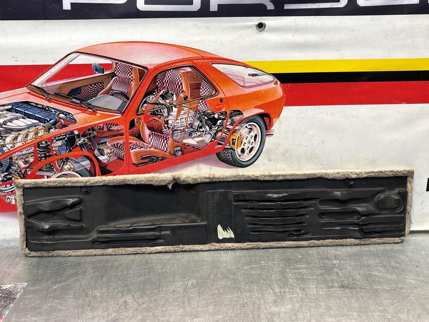 Porsche 928 white carpeted Tool kit panel cover, used 92855118105