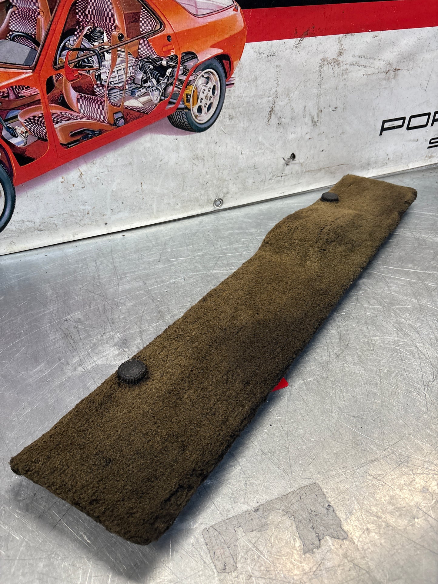 Porsche 928 black/grey-beige carpeted Tool kit panel cover, used 92855118105