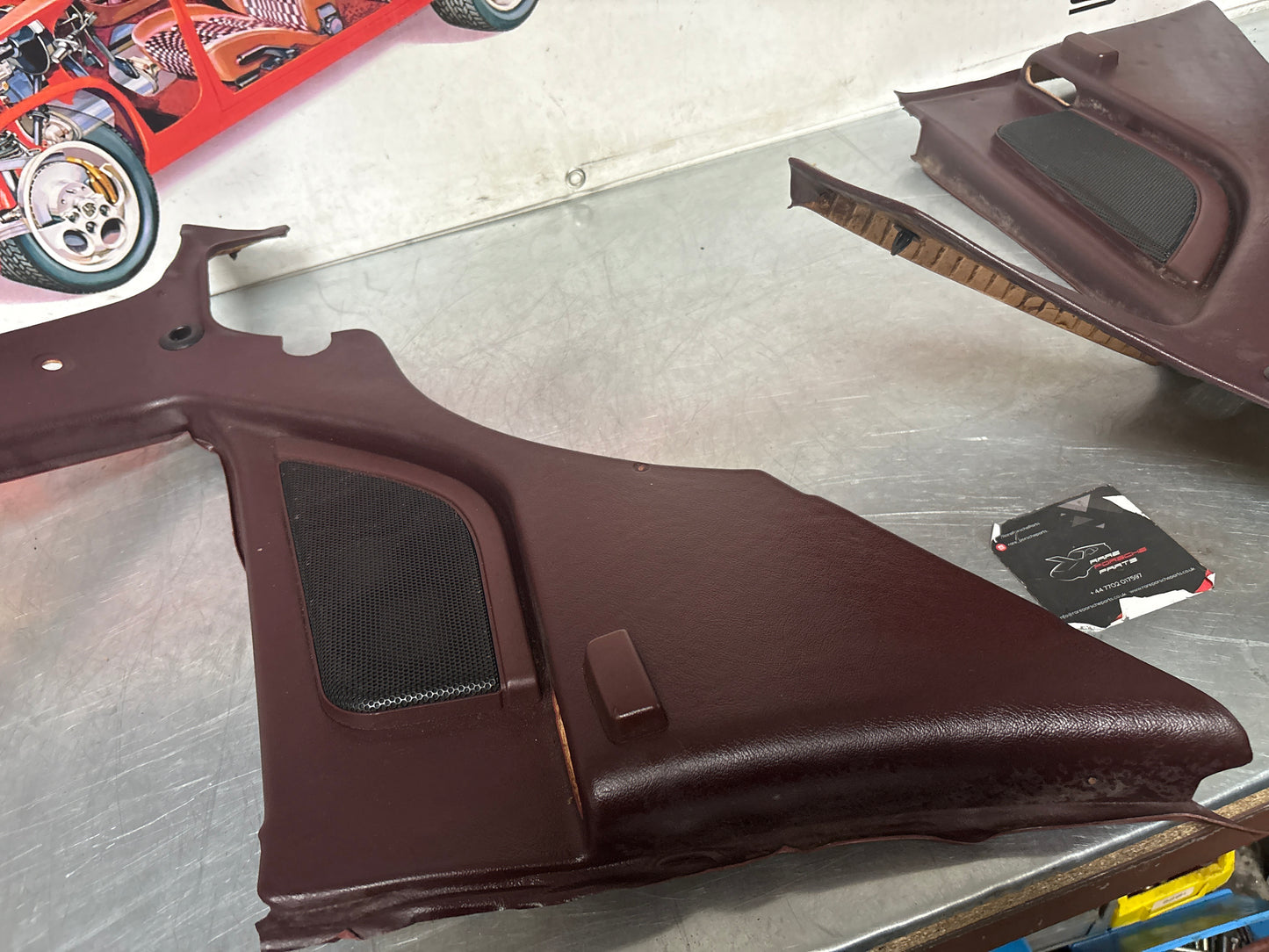 Porsche 944 Turbo S2 Burgundy rear interior C Post trims/cards with M490 sound package, used 94455502113 / 94455502213