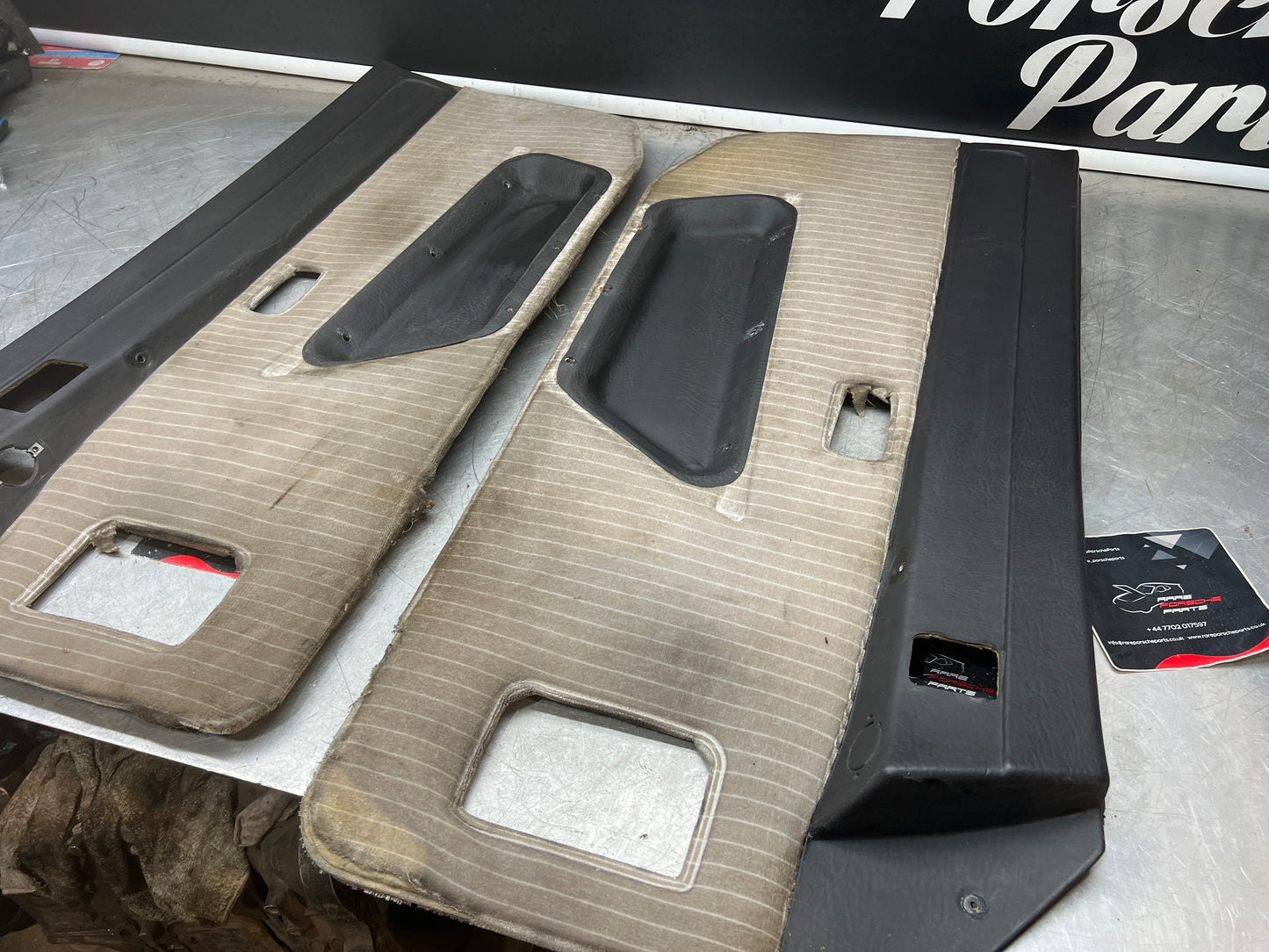 Porsche 924 944 -85.5 pair of Used RHD Porsche pinstripe black / white door cards, 478867011 / 478867012 used
