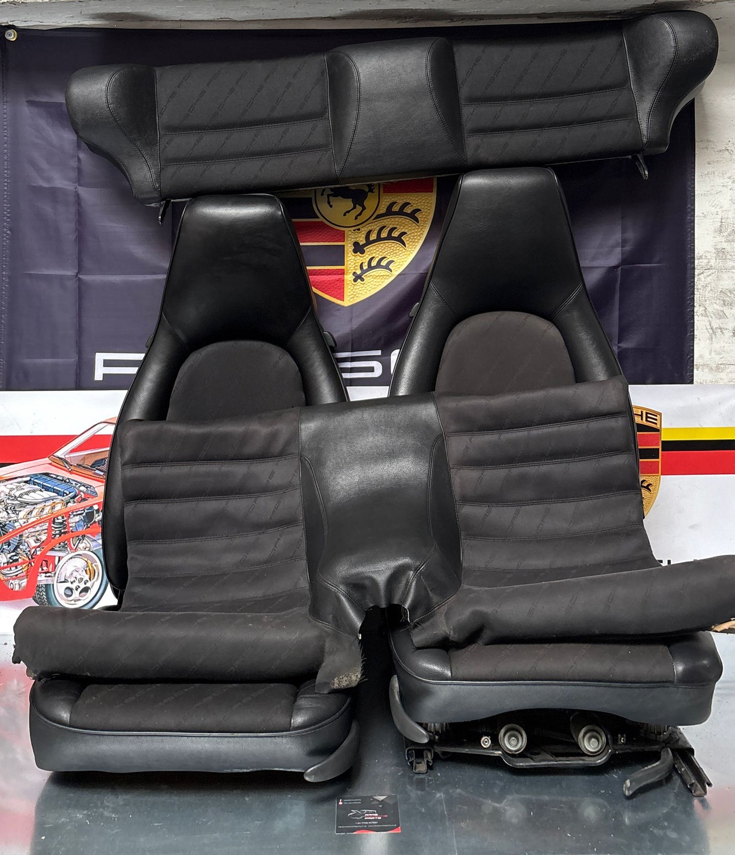 Porsche 944 black seat set, front seats with Porsche scripted fabric, used