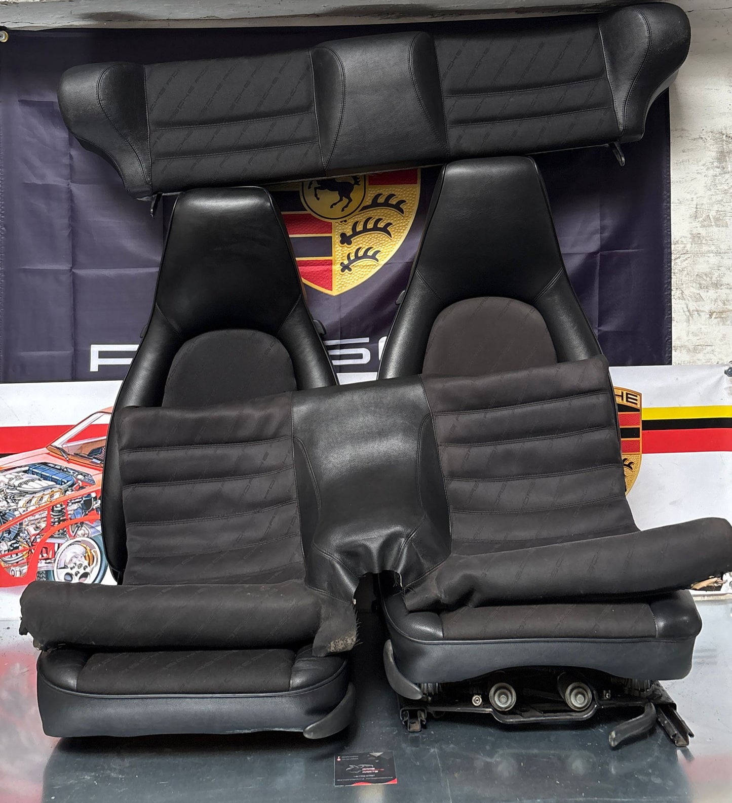 Porsche 944 black seat set, front seats with Porsche scripted fabric, used