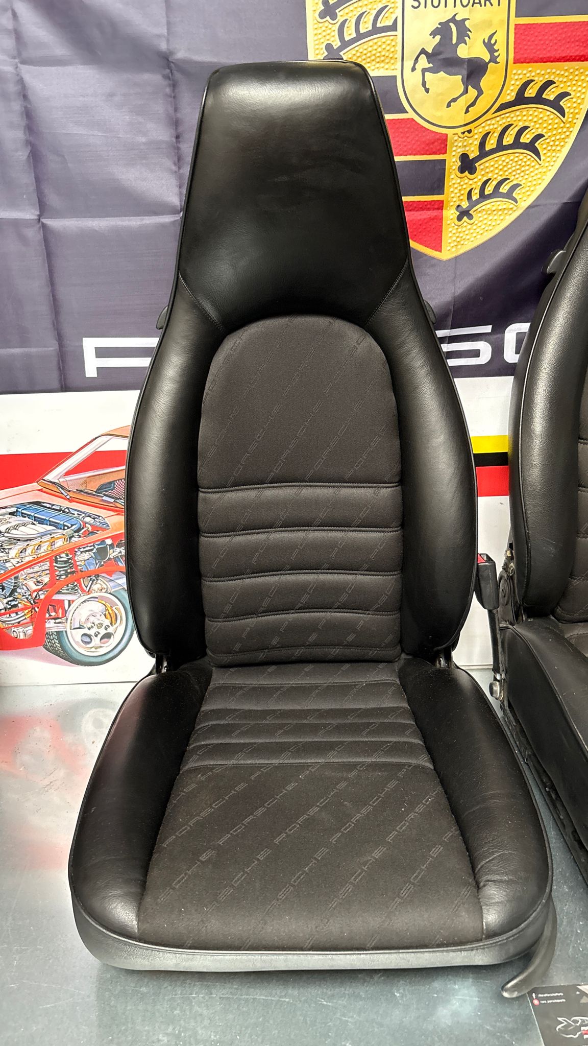 Porsche 944 black seat set, front seats with Porsche scripted fabric, used