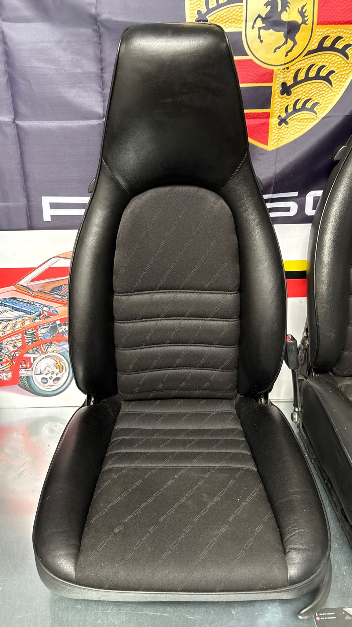 Porsche 944 black seat set, front seats with Porsche scripted fabric, used