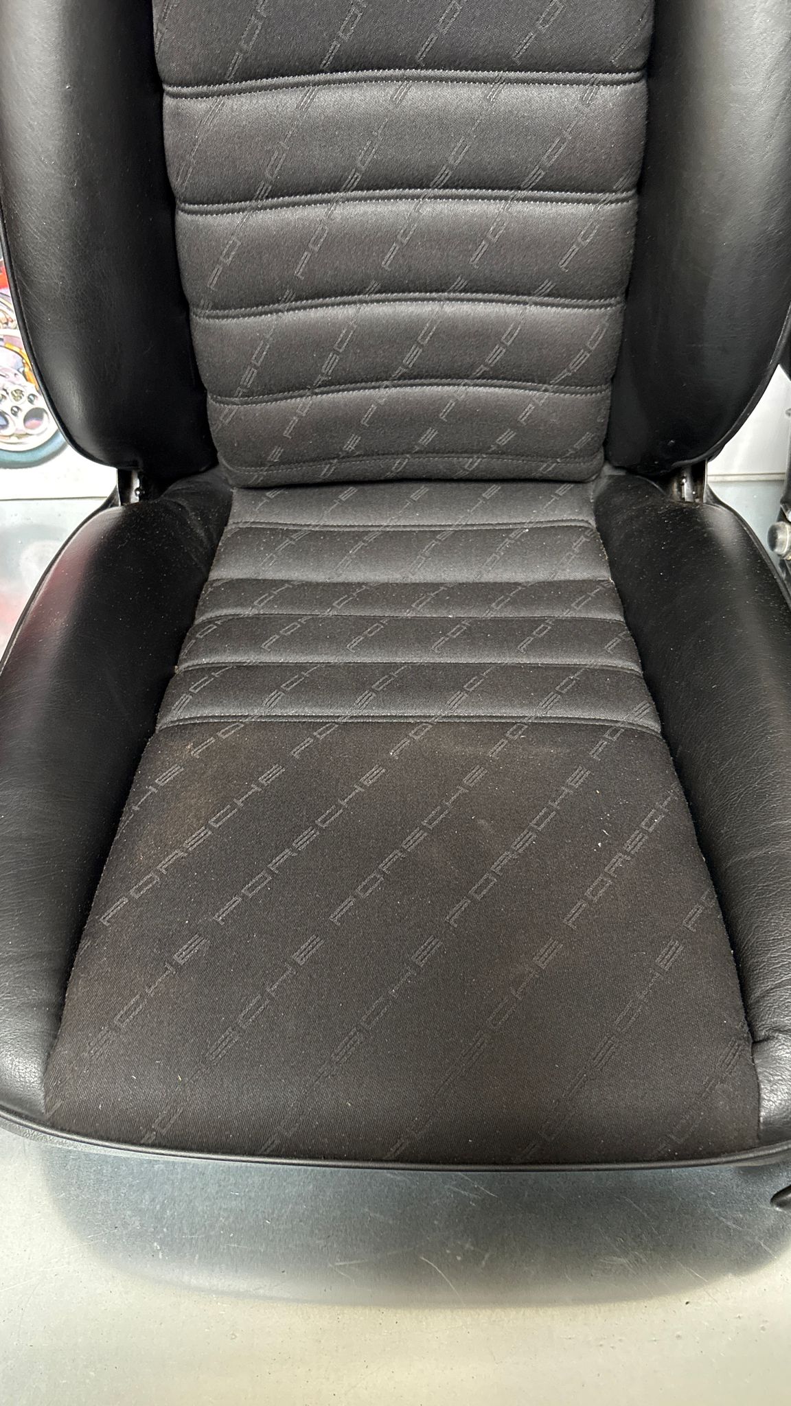 Porsche 944 black seat set, front seats with Porsche scripted fabric, used
