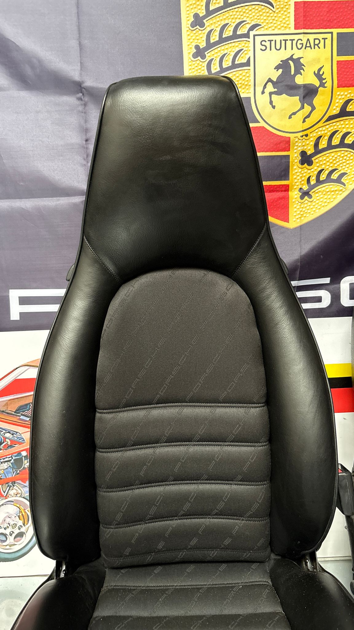 Porsche 944 black seat set, front seats with Porsche scripted fabric, used