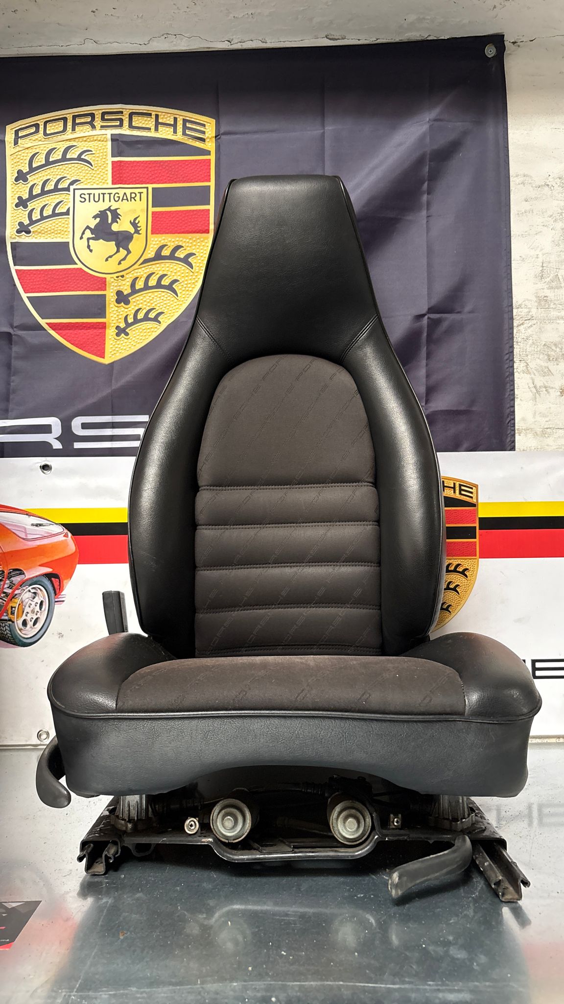 Porsche 944 black seat set, front seats with Porsche scripted fabric, used