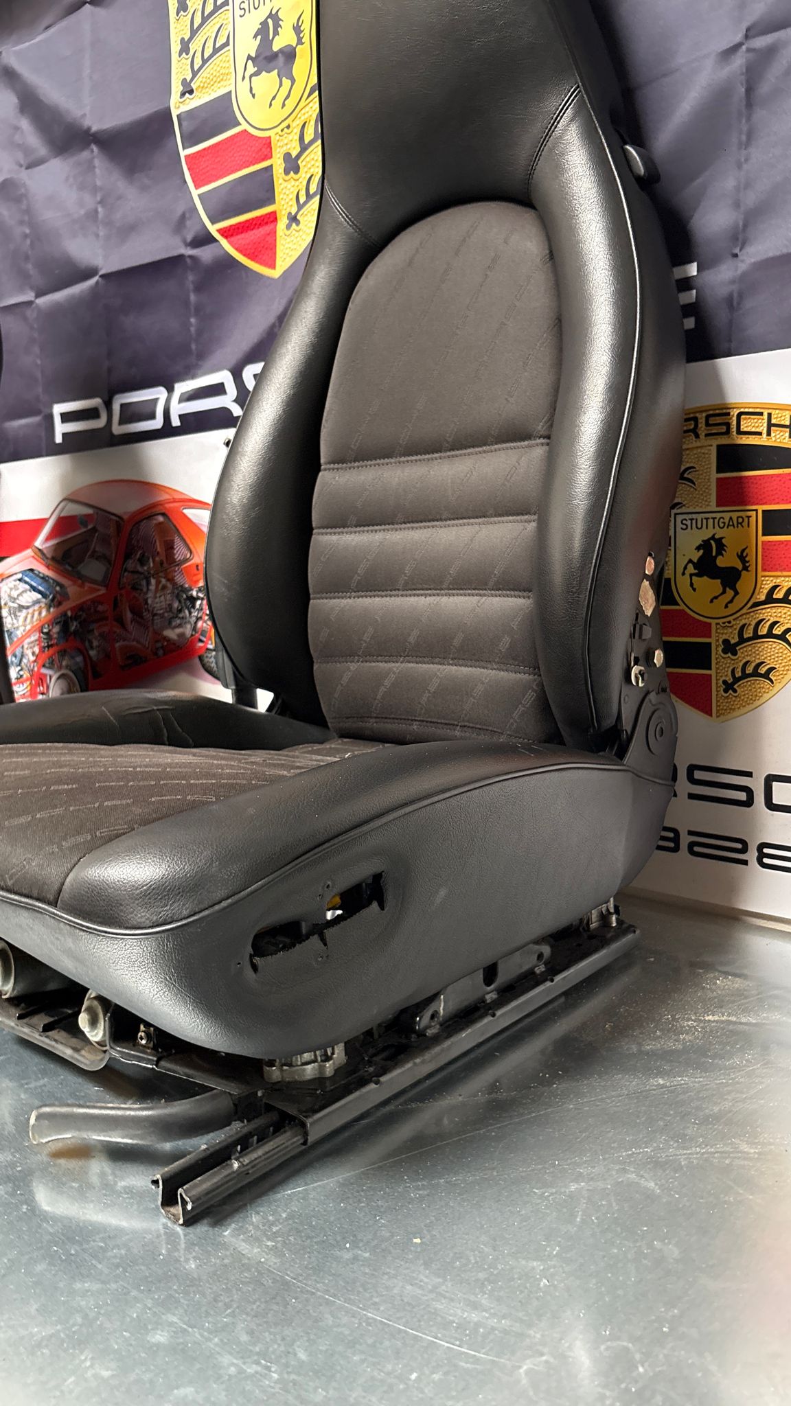 Porsche 944 black seat set, front seats with Porsche scripted fabric, used