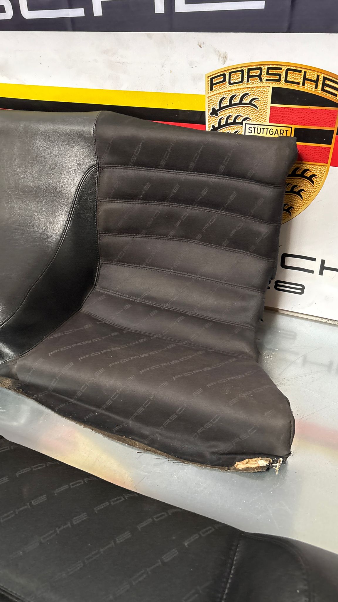 Porsche 944 black seat set, front seats with Porsche scripted fabric, used
