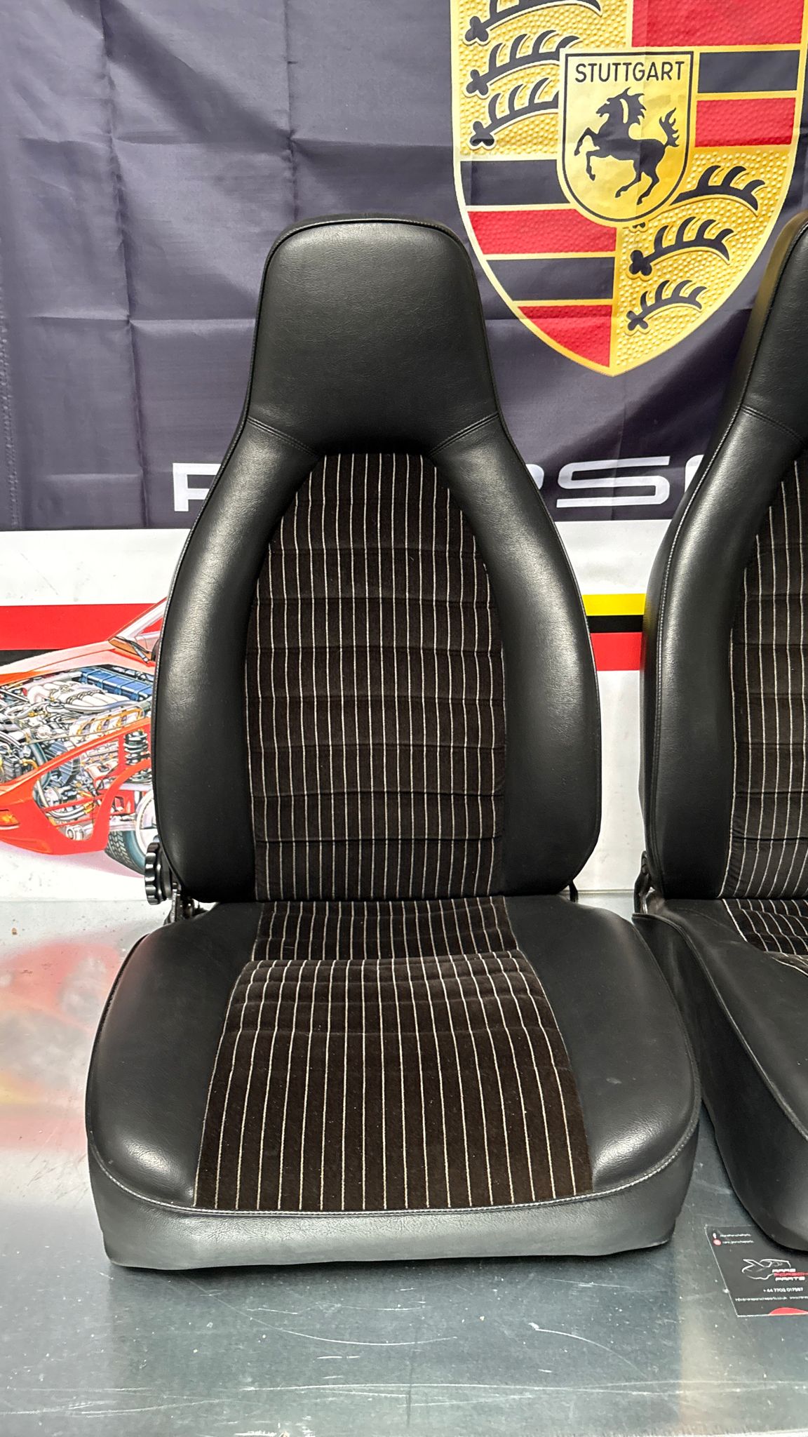 Porsche 924 944 early manual black seat set, front seats with black/white pinstripe fabric