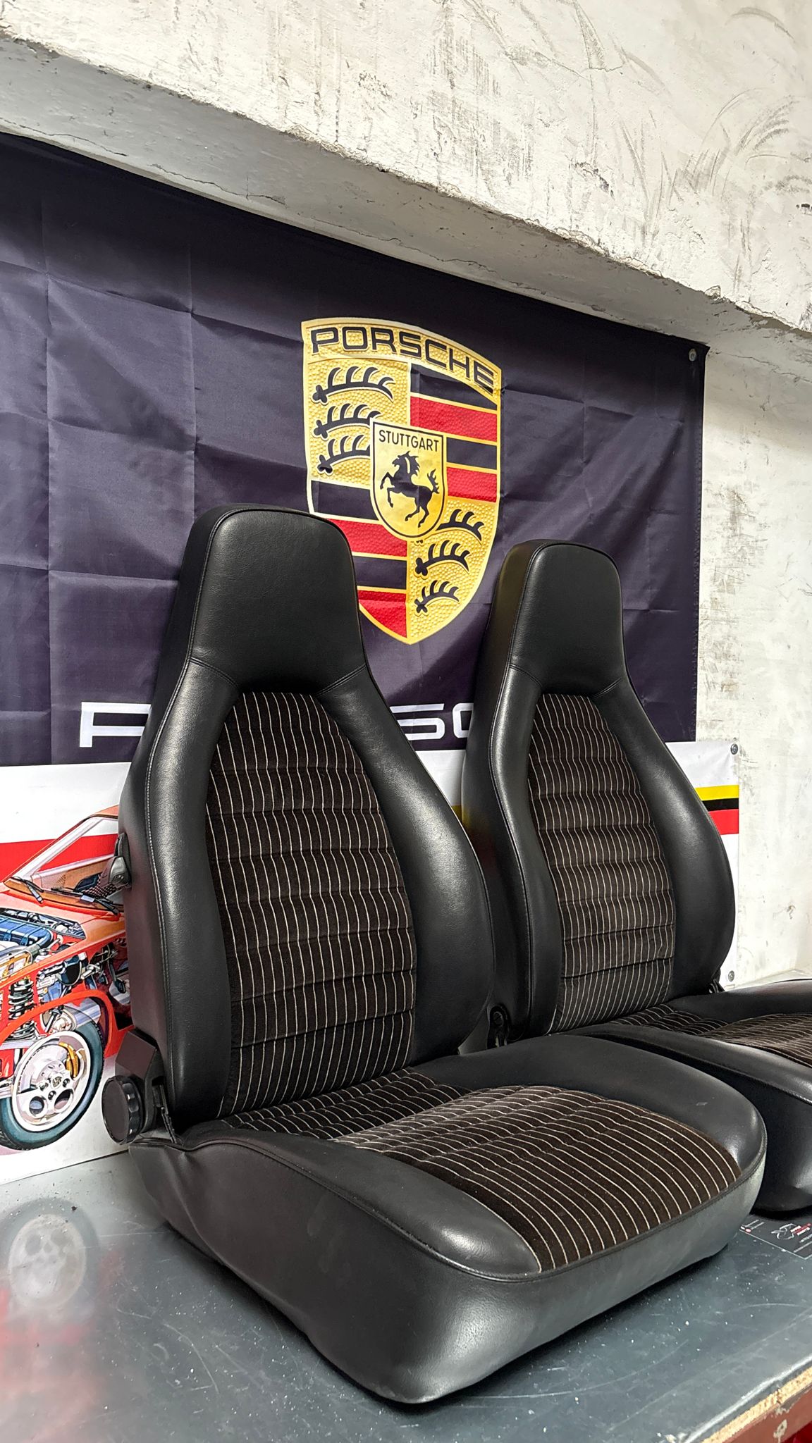 Porsche 924 944 early manual black seat set, front seats with black/white pinstripe fabric