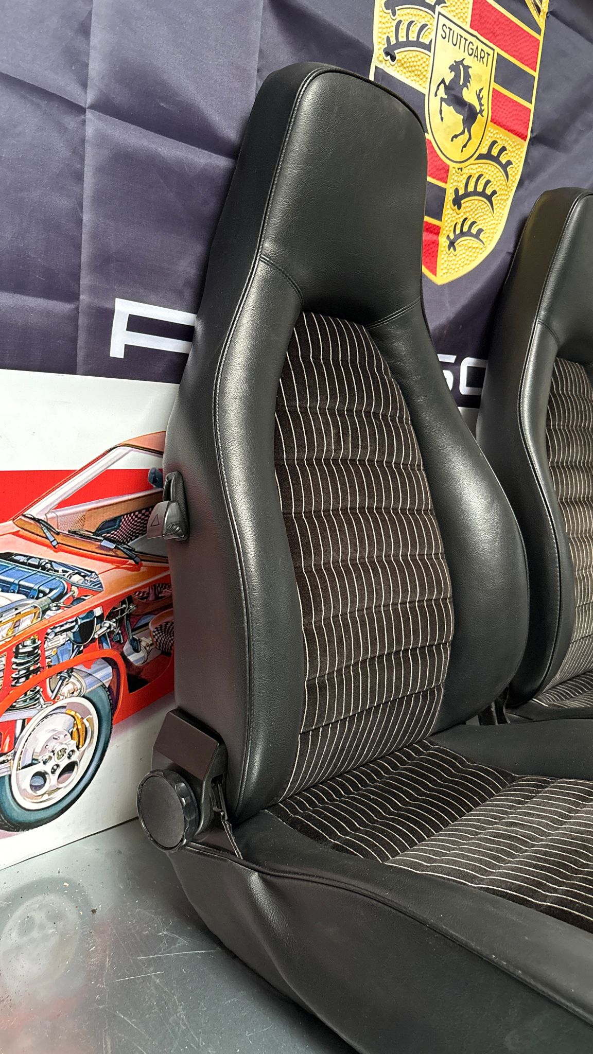 Porsche 924 944 early manual black seat set, front seats with black/white pinstripe fabric