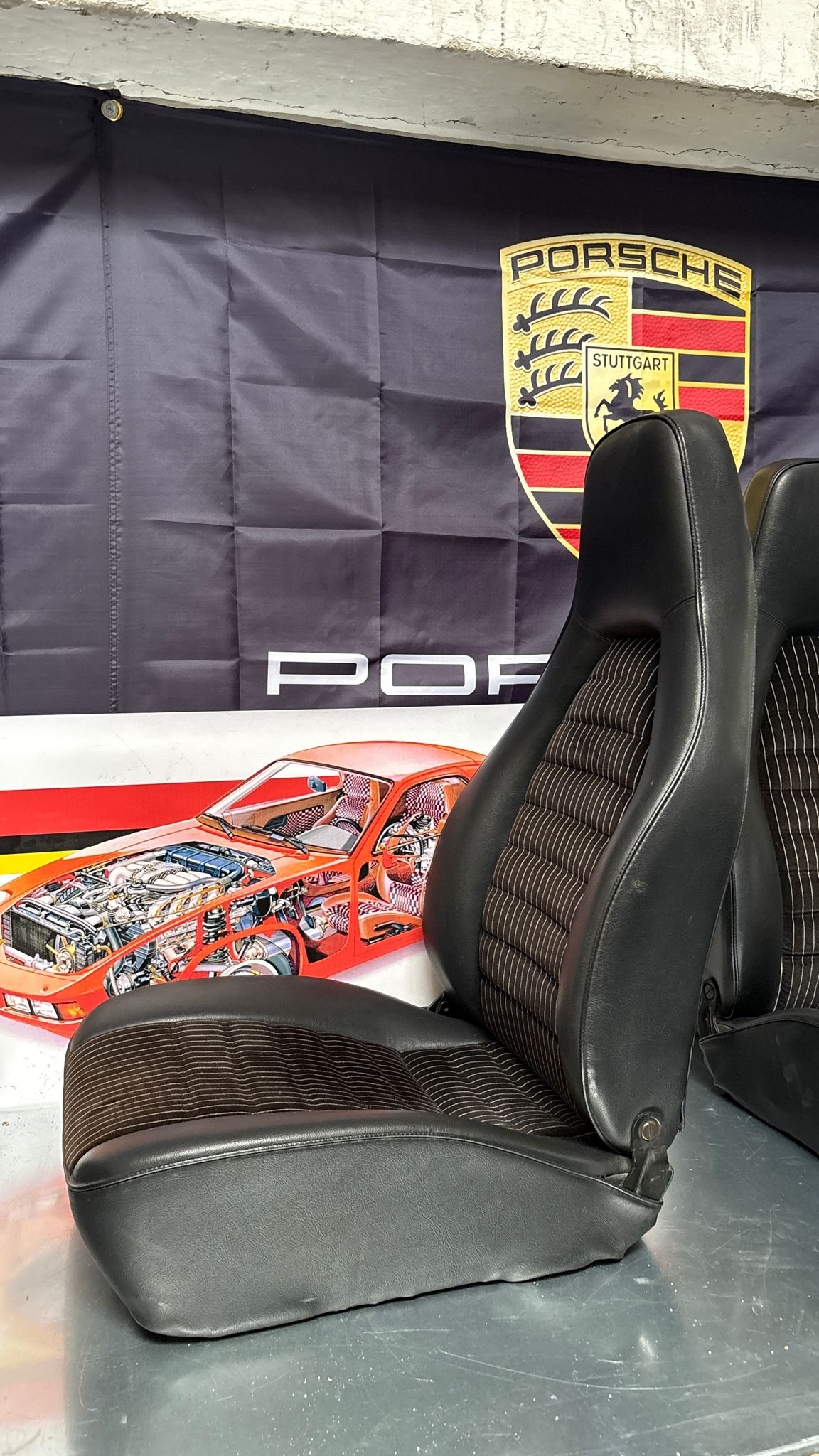 Porsche 924 944 early manual black seat set, front seats with black/white pinstripe fabric