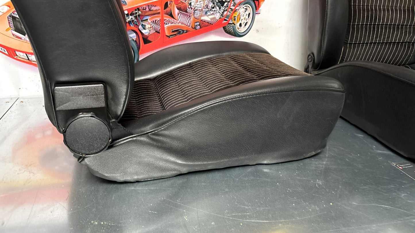 Porsche 924 944 early manual black seat set, front seats with black/white pinstripe fabric